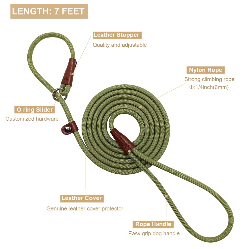 Btinesful 7Ft Slip Lead Dog Leash, Strong Nylon Rope Leash, 1/4 Inch Diam Dog Training Lead For Small Medium Large Dogs, Grass G