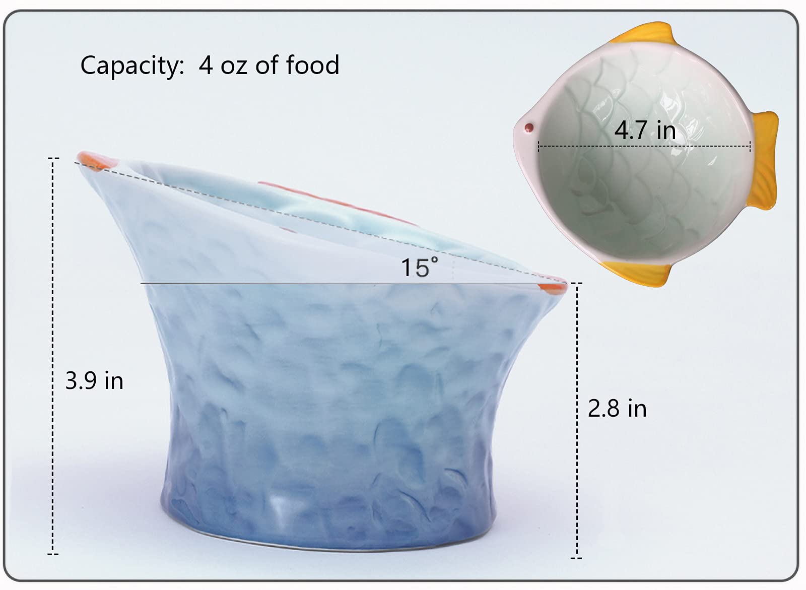 Raised Tilted Ceramic Cat Food Bowl - Cute Fish Shape Elevated Slanted Shallow Angled Cat Dish - Personalized Pet Feeder for Kit