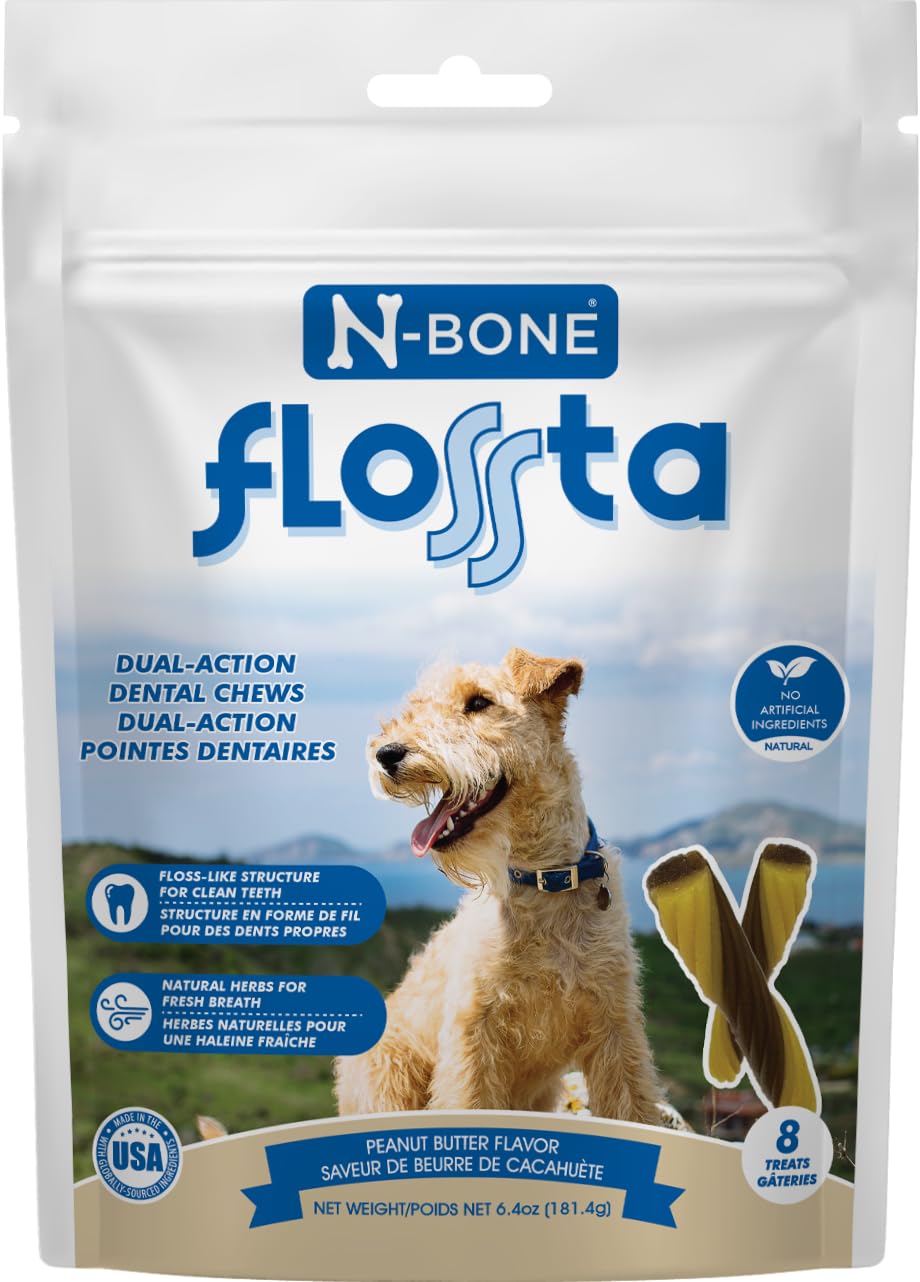 N-Bone Flossta Dual Action Dental Chews for Dogs, Unique Twist Shape for Deep Teeth Cleaning and Proactive Dental Care, Peanut B