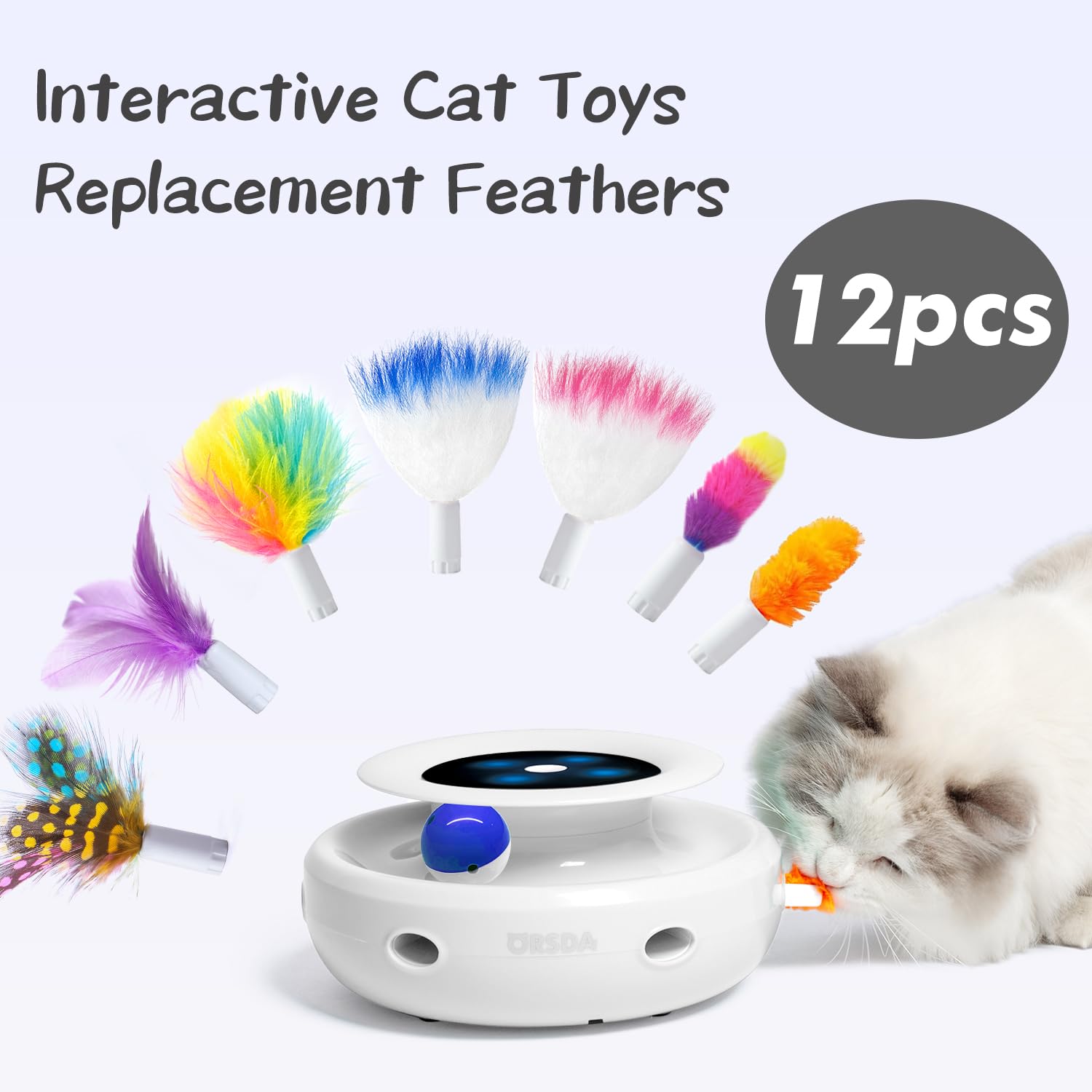 ORSDA 12 Pcs Interactive Cat Toy - Soft Furry Replacement Feathers, Multi-Colored, Plastic, Perfect for Indoor Cats
