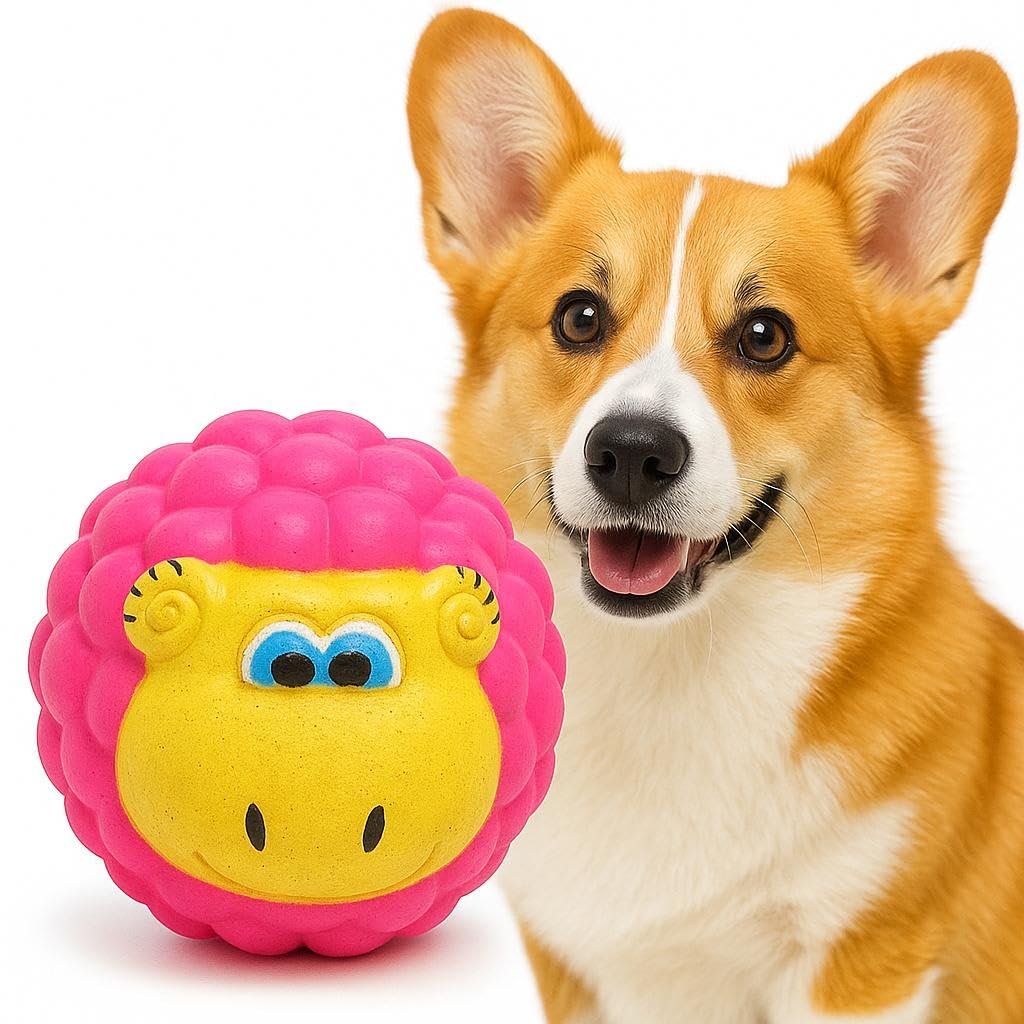 WAGGYTAILS Premium Sheep Dog Toy Ball Squeaky Chew Toy for Dogs, PetSafe Rubber Play Ball, Fun Pink & Yellow Interactive Toy fo