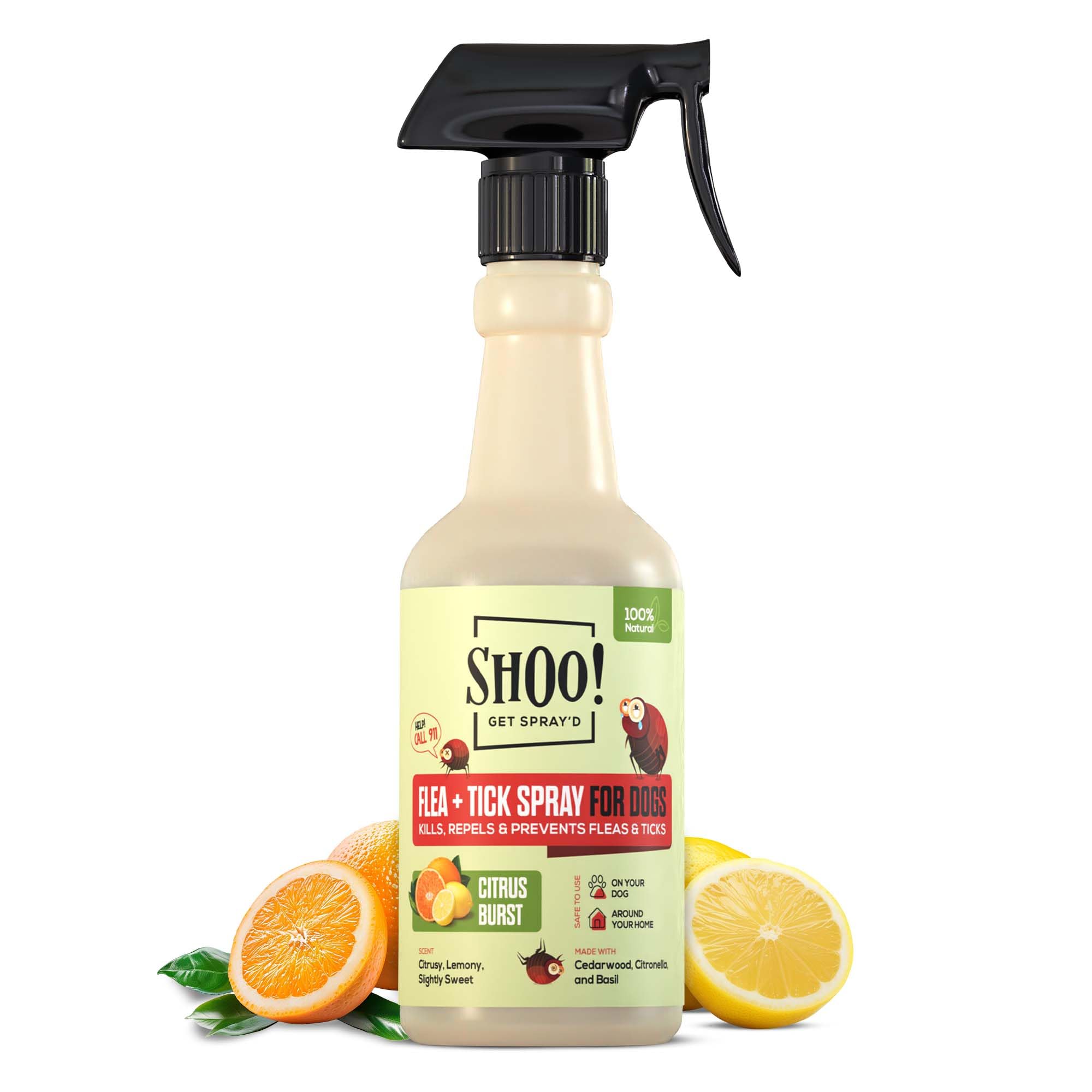 Shoo! Flea & Tick Spray for Dogs and Home | Plant Based, Natural Oils, Chemical Free Formula | Kills, Repels, Prevents | 16 oz (