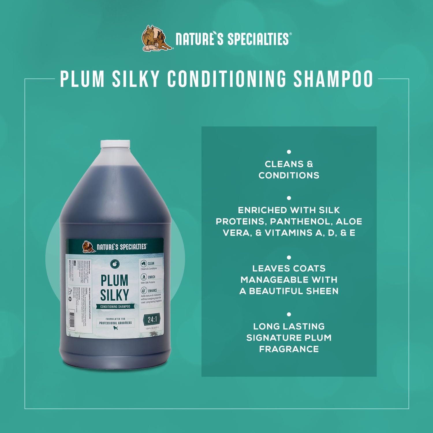 Nature's Specialties Plum Silky Ultra Concentrated Dog Shampoo & Conditioner, 1 Gal, Makes Up to 24 Gallons, Ideal for Groomers