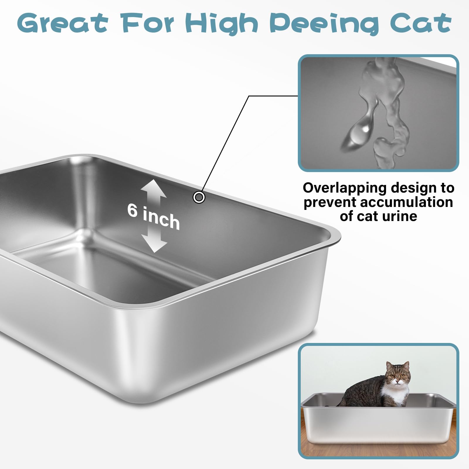 Futam Stainless Steel Litter Box,19.7''X13.7''X6'' Large Metal Litter Box For Kitty/Cat/Rabbits, Easy To Clean, Non Stick Litter