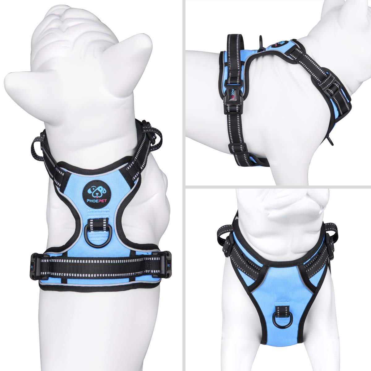 Phoepet No Pull Dog Harness Reflective Adjustable With 2 Metal Leash Hooks And Soft Training Handle [Over The Head Design](L, Baby Blue)