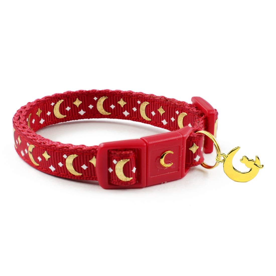 Waaag Cat Collars, Gold Moons And Stars Cat Collar, Safety Breakaway Cat Collar, Glow In The Dark (Standard 9'-15' Neck, Scarlet)
