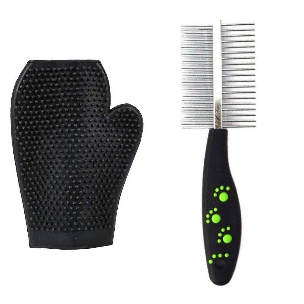 Sage Square Double Sided Pet Comb Stainless Steel Pin Dog Grooming Brush With Grooming Gloves (Color May Vary)