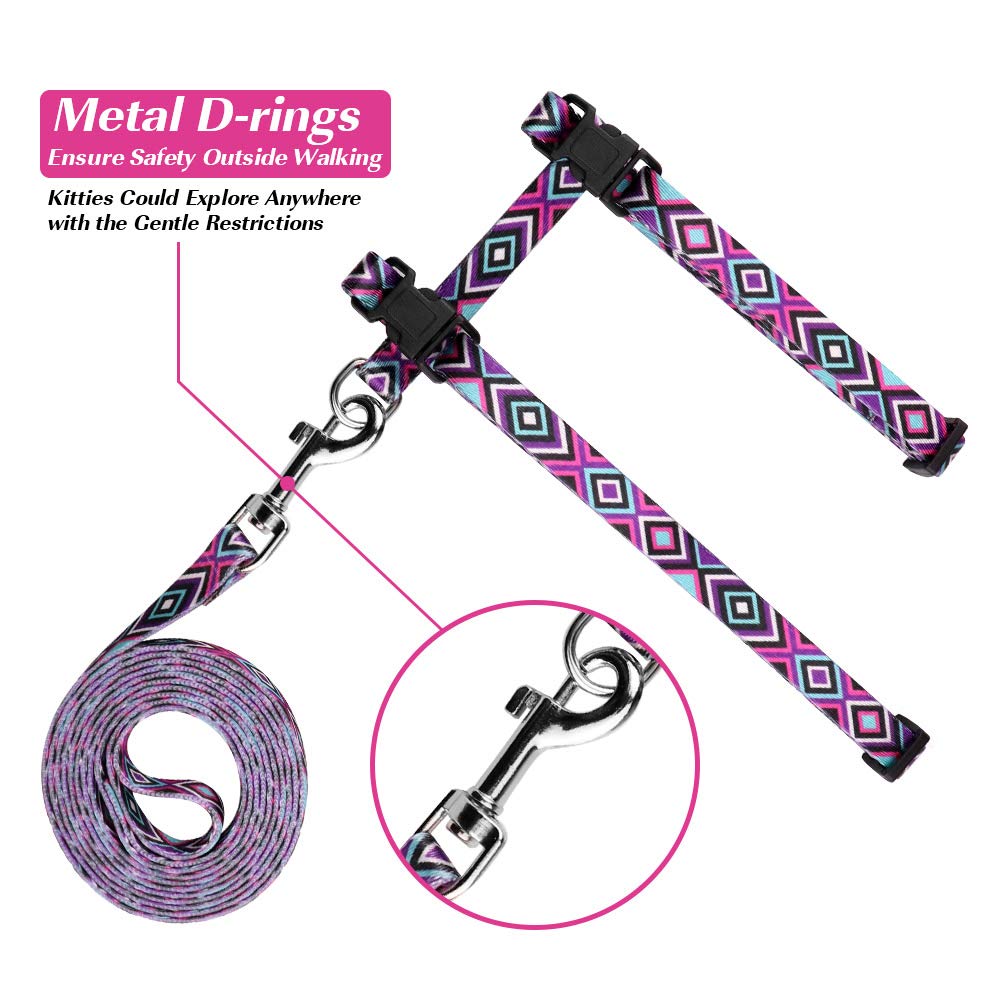 Cat Harness And Leash Set Geometric Pattern Escape Proof Adjustable For Kitty Outdoor Walking(Purple)