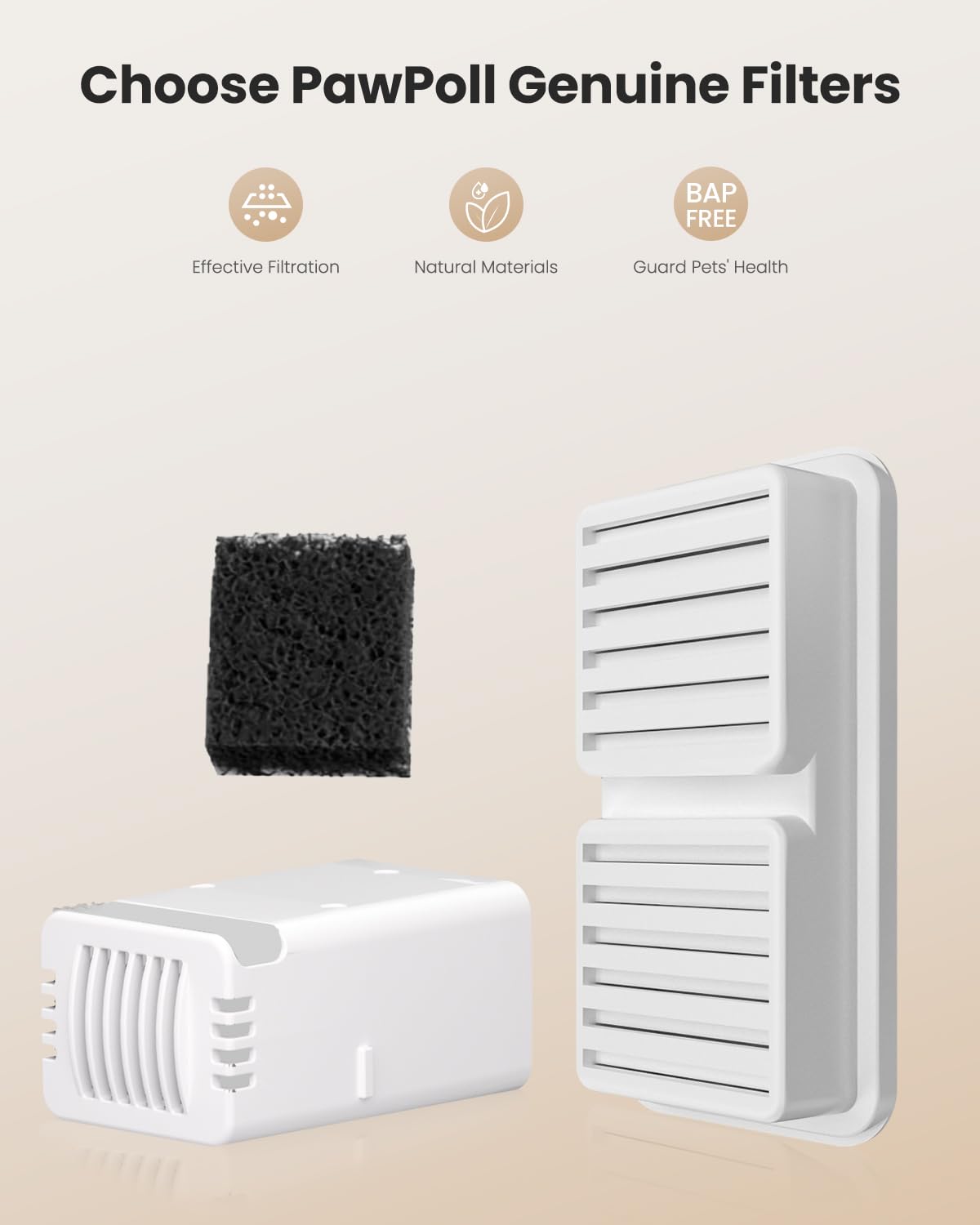 PawPoll Cat Water Dispenser Filter - 6 Replacement Cartridges & Sponges for Pet Fountain, White