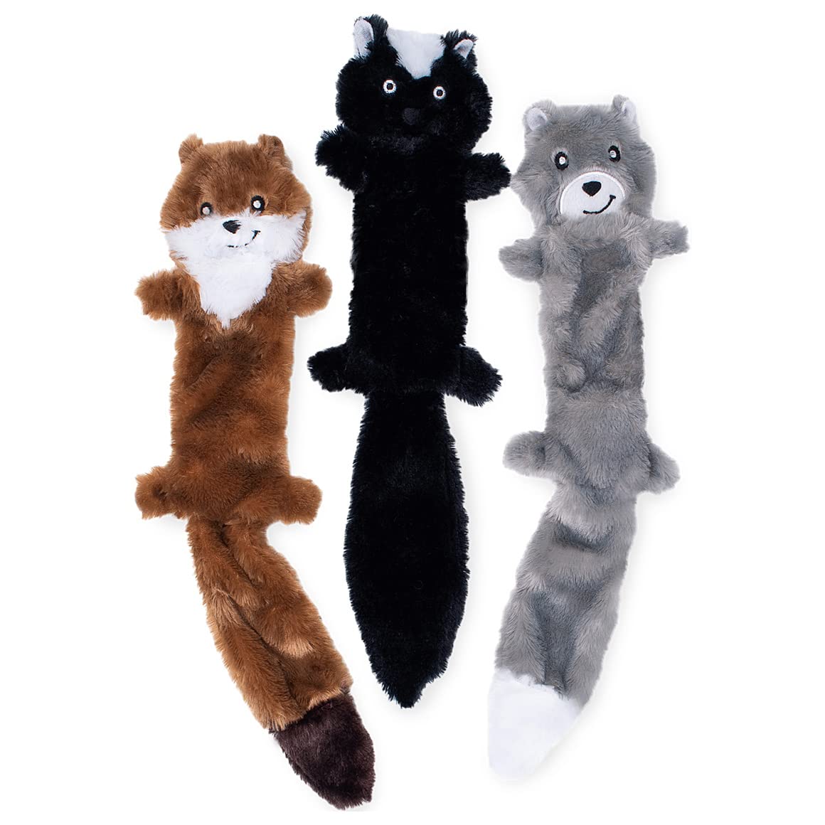 Zippypaws Skinny Peltz - Weasel, Skunk, & Wolf - No Stuffing Squeaky Dog Toys, Unstuffed Chew Toy For Small & Medium Breeds, Bul
