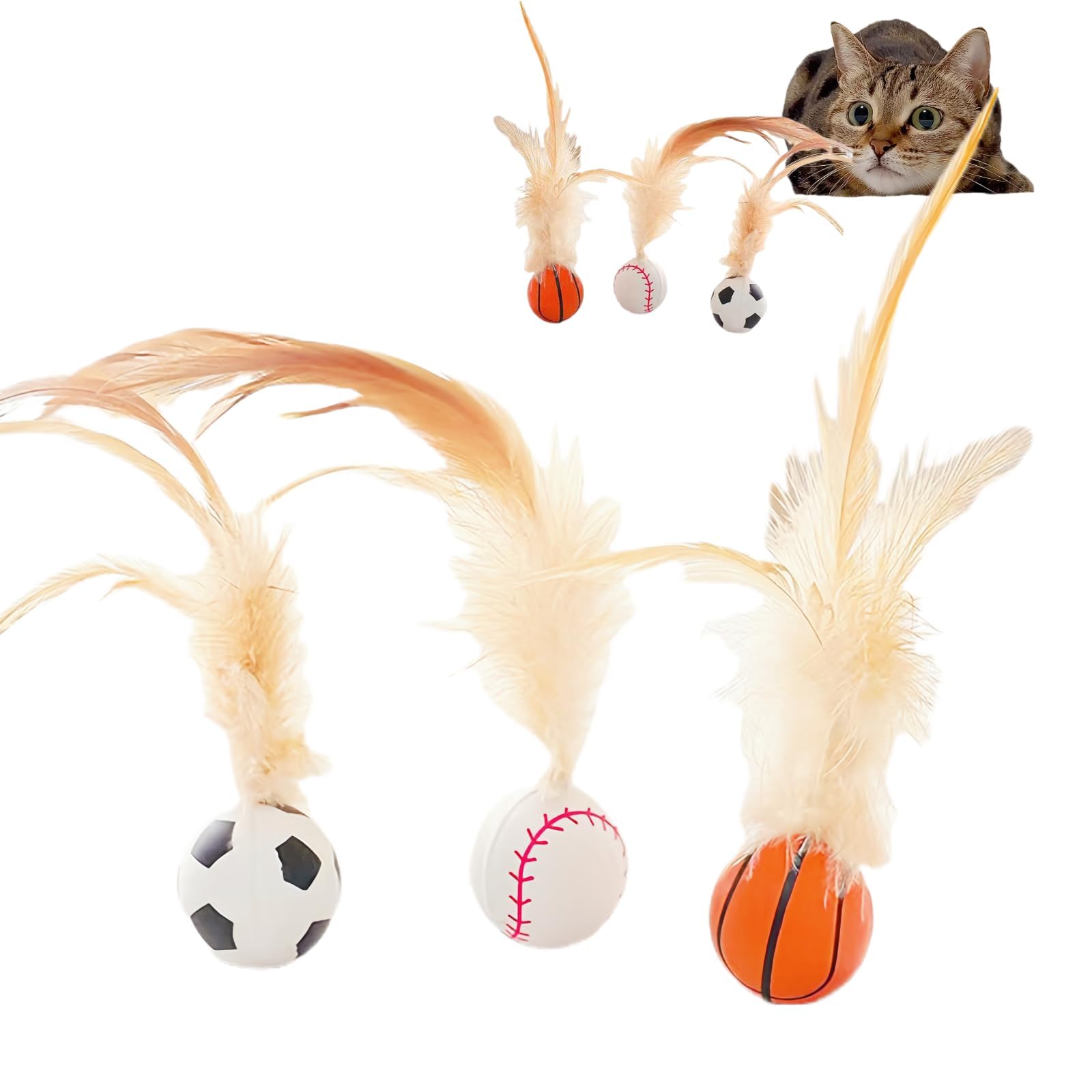 Cat Toys, 3Pcs Bouncy Ball For Indoor Cats, Elastic Rubber Ball With Feathers, Interactive Kitten Toys For Persian Cats, Fun Exe