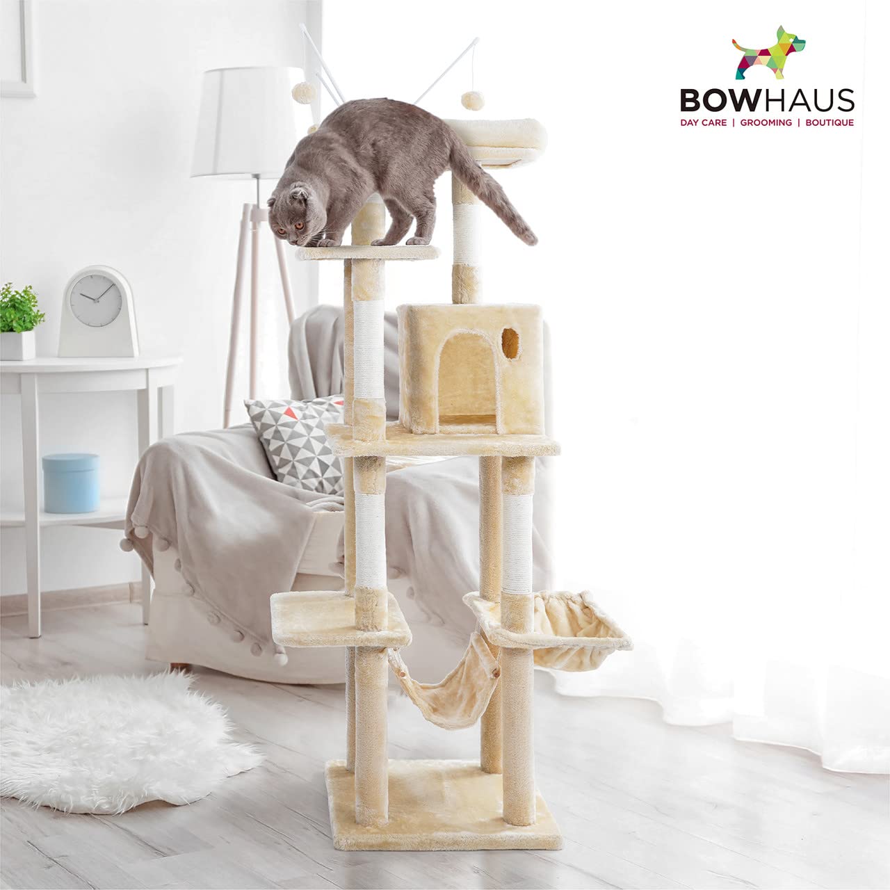Bowhaus Tall Cat Tree For Indoor Large Cats Or Kittens, Multi-Level Cat Activity Tree With Scratching Posts, Hammock, Cat Cave Condo, Modern Cute Small Cat Climbing Tower With Widened Perch