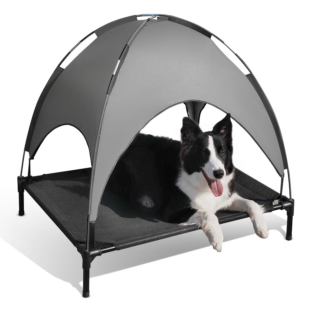 Zooba 36.2inch Elevated Outdoor Dog Bed with Canopy, Cooling Raised Pet Cot with Removable Sunshade for Camping, Deluxe 600D PVC wi