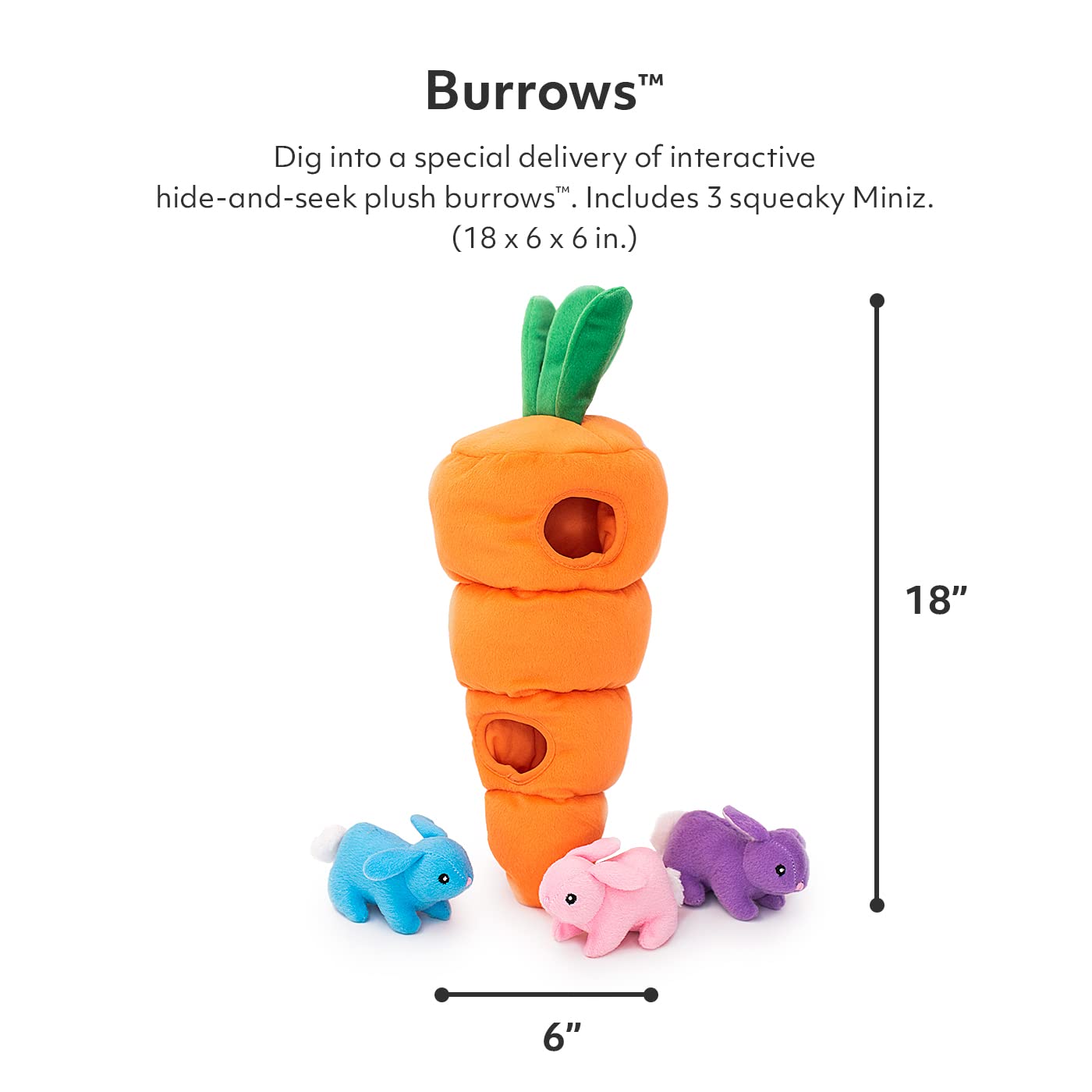ZippyPaws Holiday Burrow Plush Dog Toy - Interactive Squeaky, 18x6x6 in, Easter Carrot, Model 818786017606