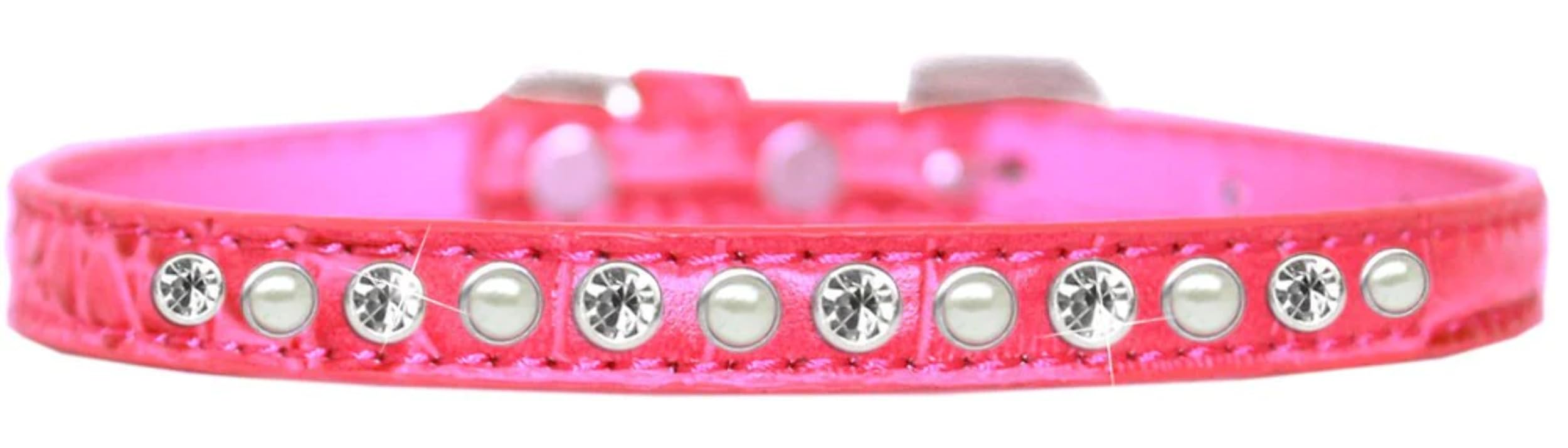 Dog, Puppy and Pet Designer Croc Collar, "One Row Pearl & Clear Crystals Rimsets" Yellow 12