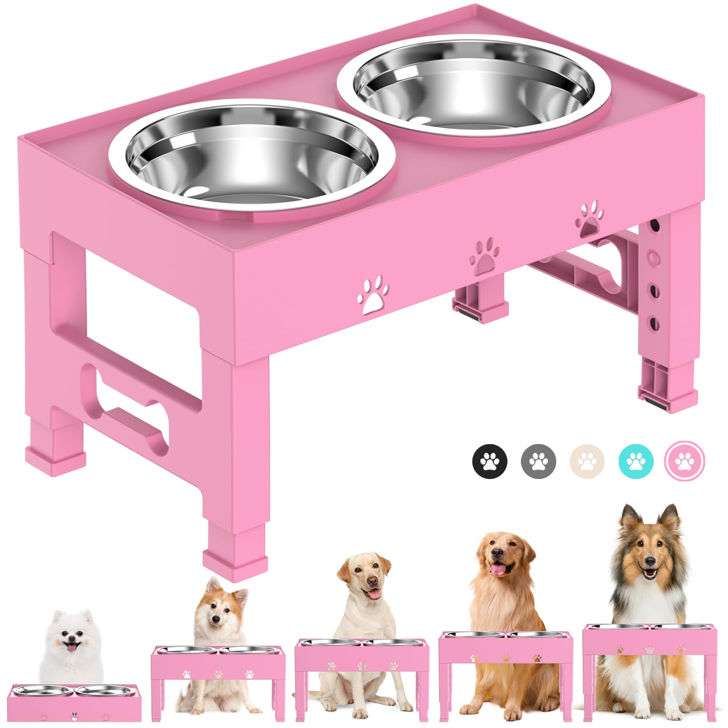 LAKIPETN Elevated Dog Bowls with 2 Stainless Steel Bowls, Raised Dog Food Bowl Stand 5 Height Adjustable (3.1 , 9 , 10 , 11 , 12