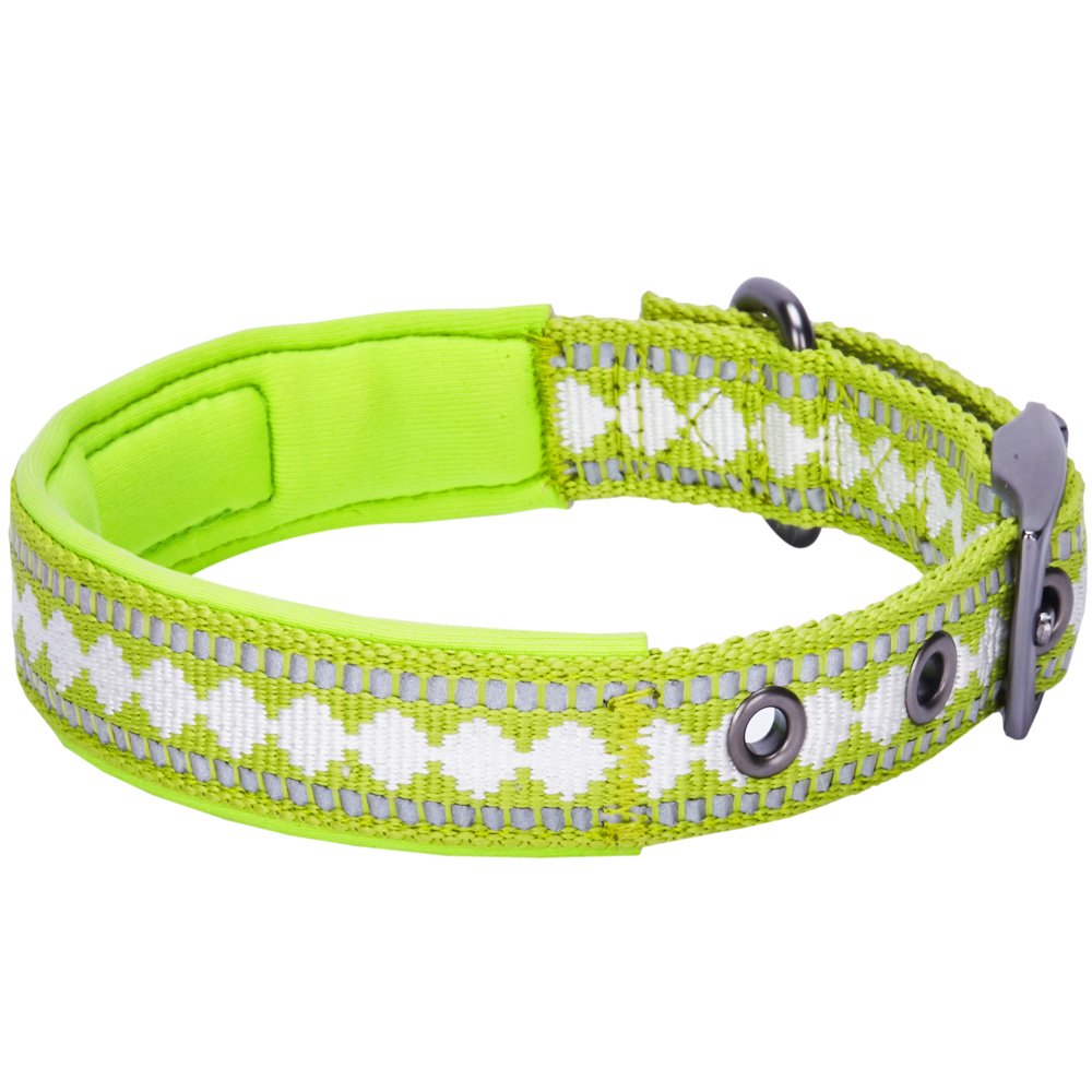 Blueberry Pet Soft & Safe 3M Reflective Jacquard Neoprene Padded Adjustable Dog Collar With Metal Buckle - Macaw Green, Neck 13-