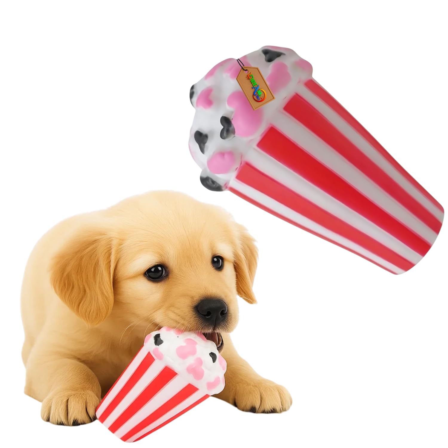 DreamAuro Ice Cream Cup Squeaky Toy for Dogs | Fun Chew & Fetch Toy with Squeaker | Durable Rubber for Dental Health & Interacti