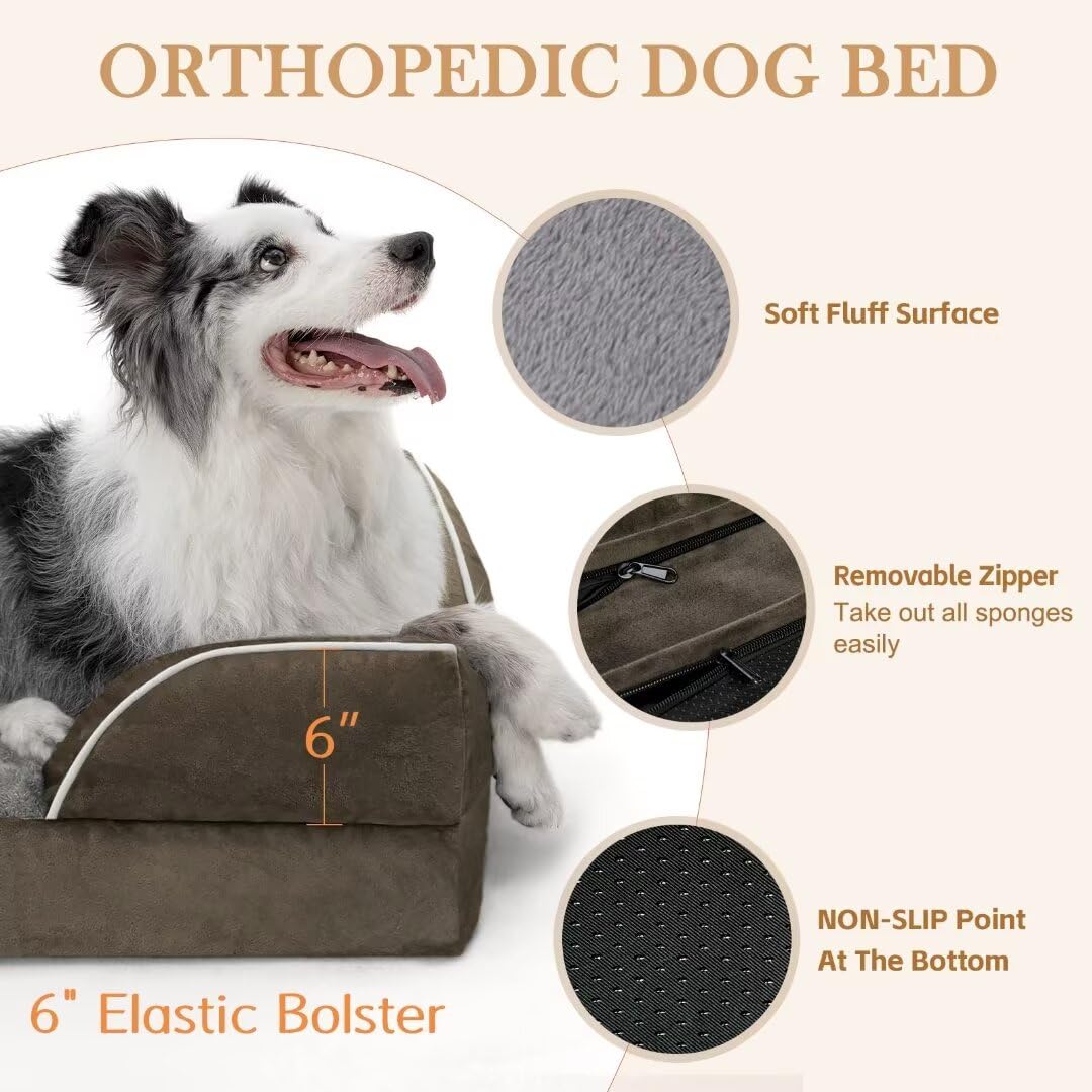 Comfort Expression Cooling Dog Bed For Giant Dogs, Orthopedic Memory Foam Dog Bed, Xxl Dog Bed For Extra Large Dogs, Waterproof Dog Bed With Bolster & Removable Cover(Xx-Large,Olive Green)