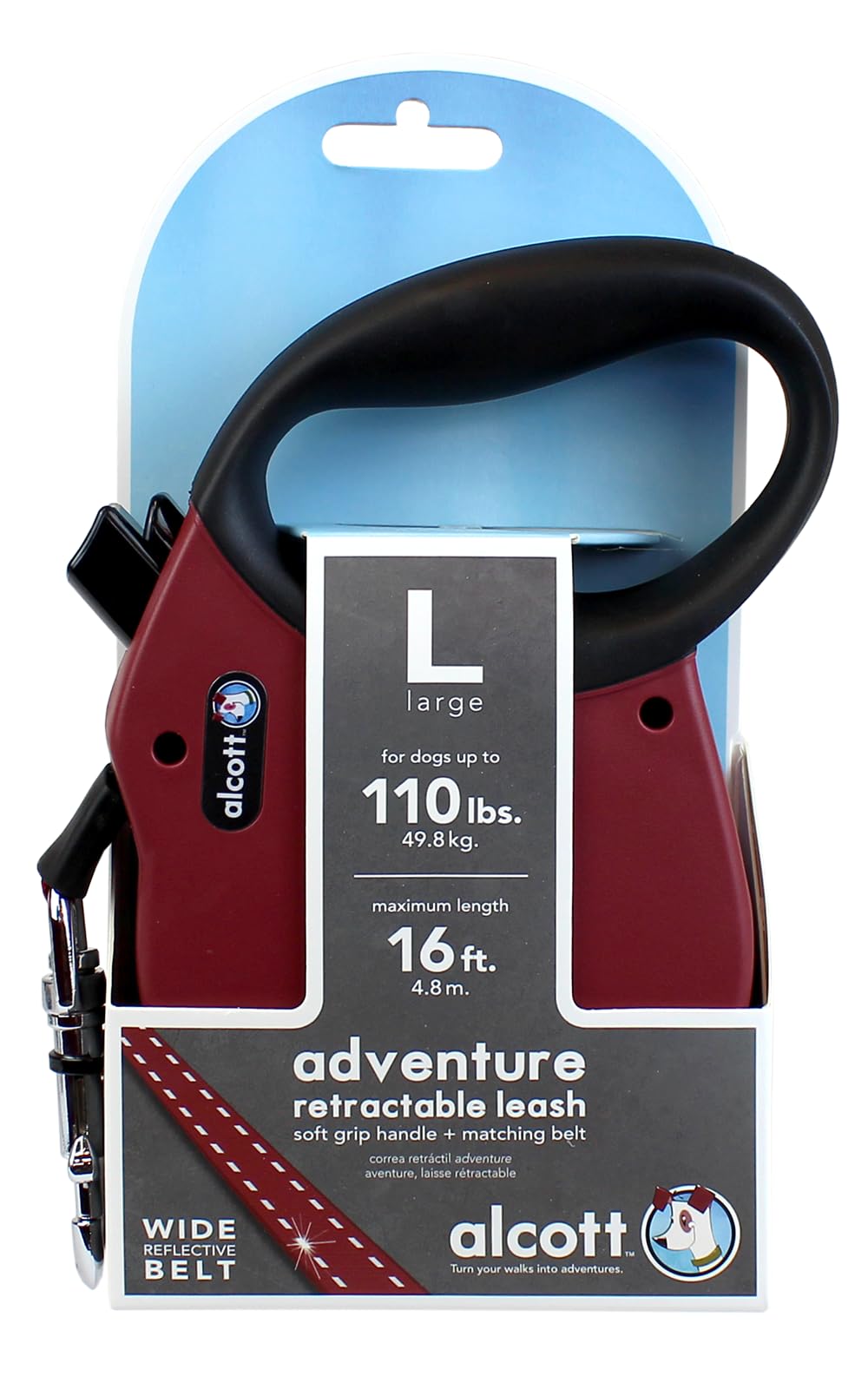 Alcott Adventure Retractable Reflective Belt Leash, 16' Long, Large For Dogs Up To 110 Lbs, Red With Black Soft Grip Handle,Rlsh Aa Lg Rd