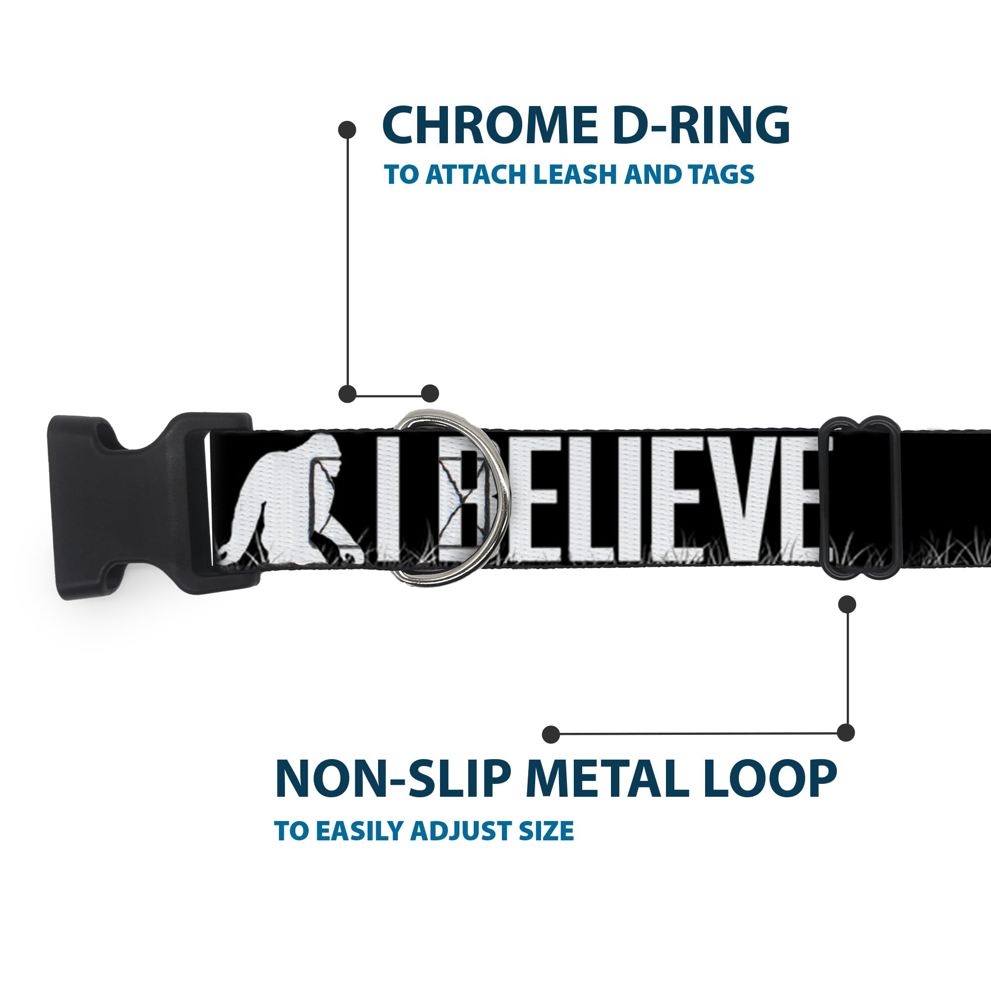 Buckle-Down 11-17 Bigfoot Silhouette I Believe Black/Gray/White Plastic Clip Collar, Medium