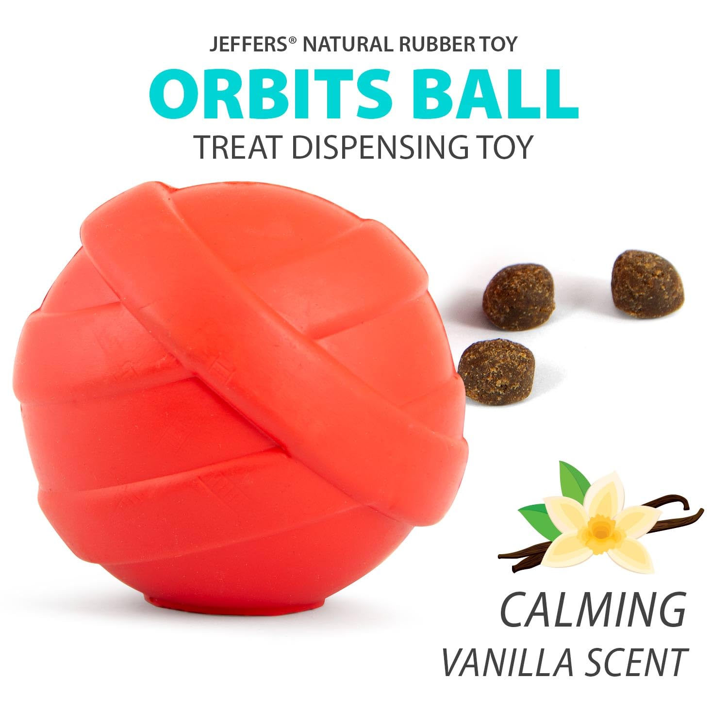 Jeffers Pet Natural Rubber Dog Chew Toy - Red Orbits Ball, Medium - Treat Dispensing, Vanilla Scent, Durable, Non-Toxic, Dishwas