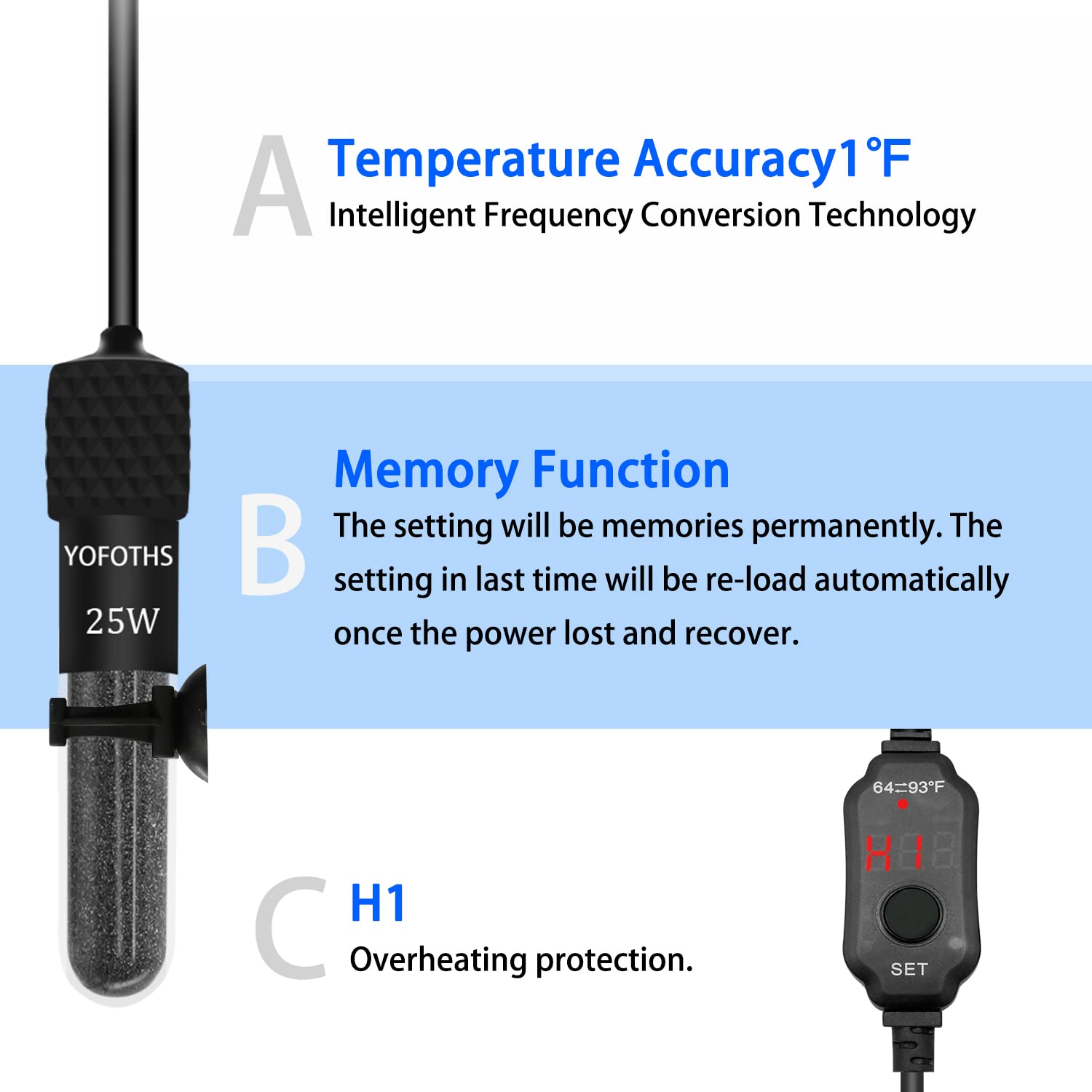 Yofoths Adjustable Mini Aquarium Heater3-5 Gallons Submersible Small Fish Tank Heater 25W Digital Display Thermostat External Temperature Controller (25W)