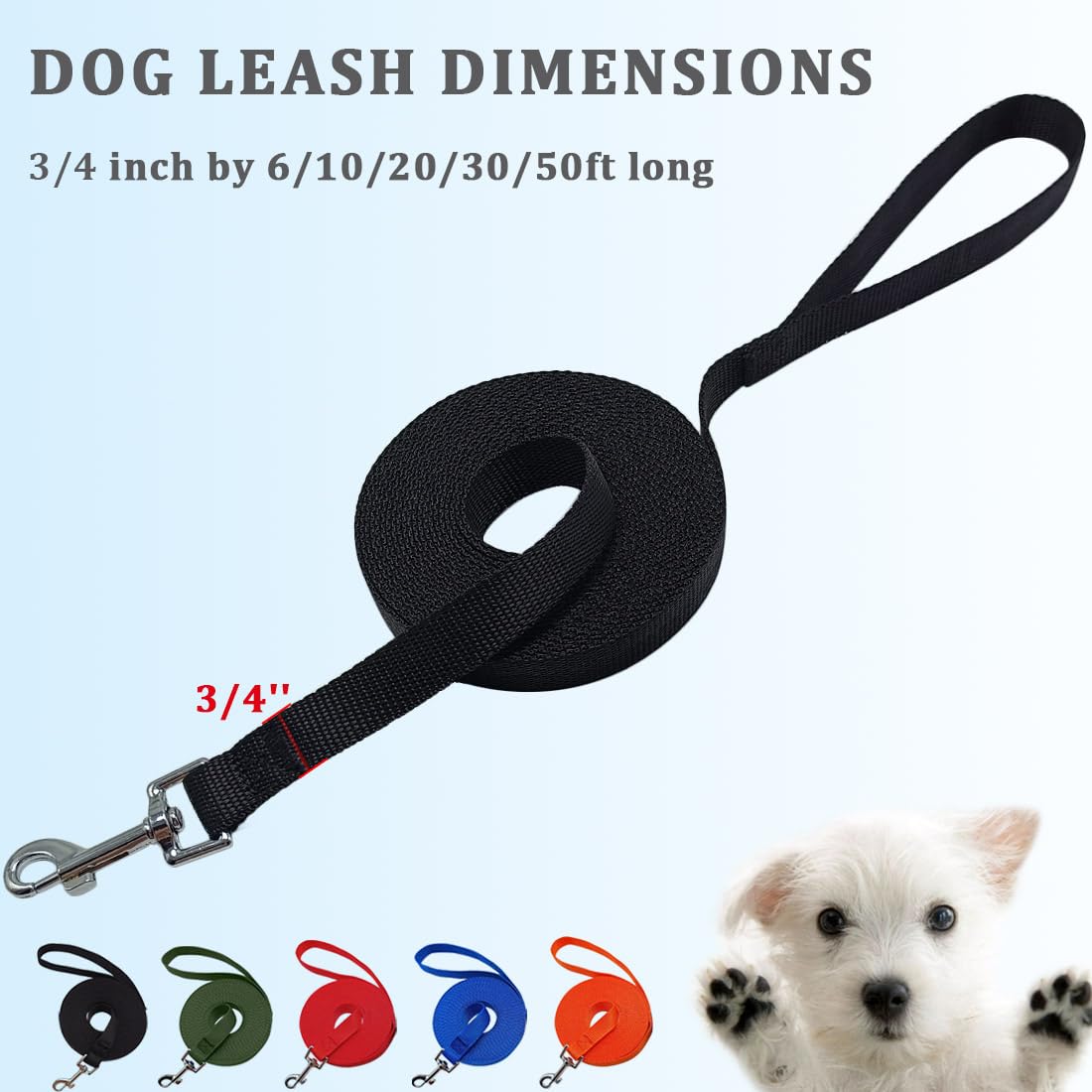 Wyuze 2 Pack Flat Nylon Dog Leashes, 6/10/20/30 Ft Long Recall Dog Training Lead, 3/4 Inch Wide Traditional Leash For Small Medi
