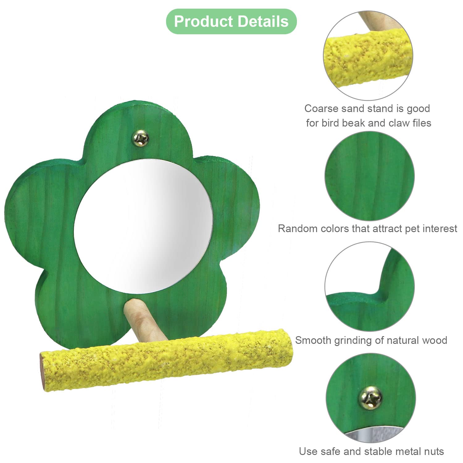 Bird Parrot Mirror With Perch Natural Wood Swing Colorful Sand Grind Paw Trim Beak For Small Parrot Parakeet Cockatiel Lovebird