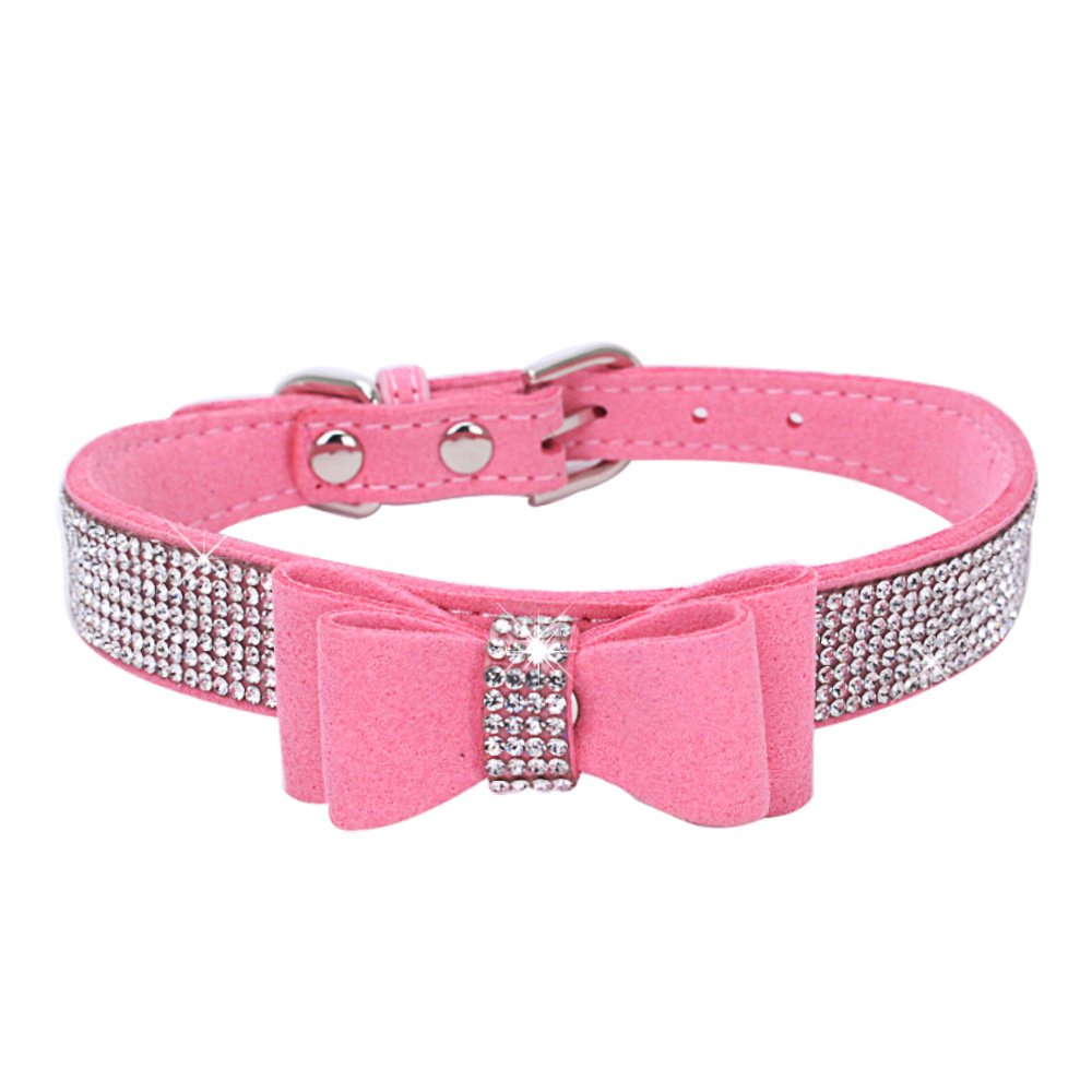 Small Dog Collar Puppy With Rhinestone Bow Knot Crystal Diamond Colorful Bling Girl Puppy Cat Collars Pink M
