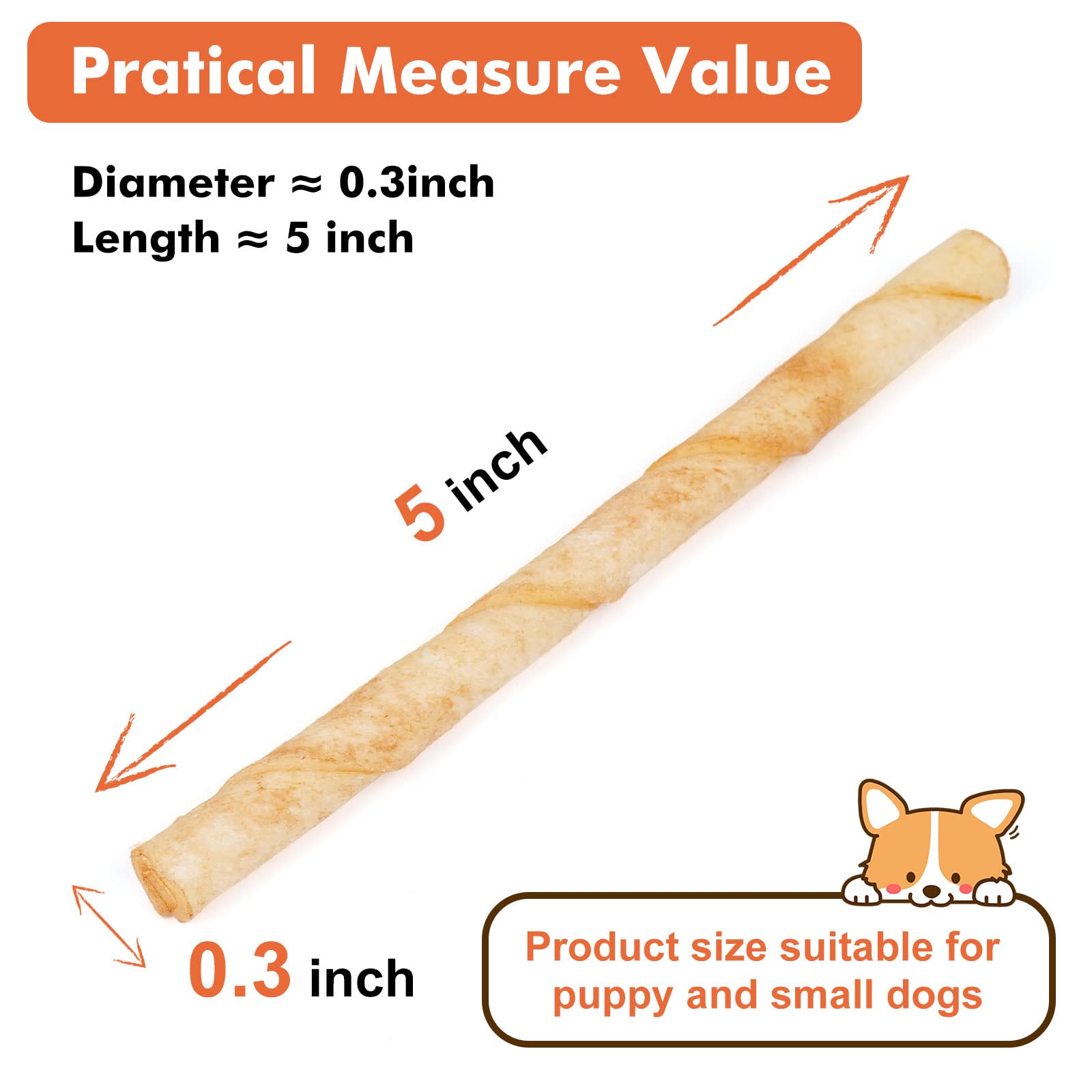 MON2SUN Dog Rawhide Twist Sticks Chicken Flavor 5 Inch Thin Sticks Rawhide Chews Dog Treats for Puppy and Small Dogs 120 Count