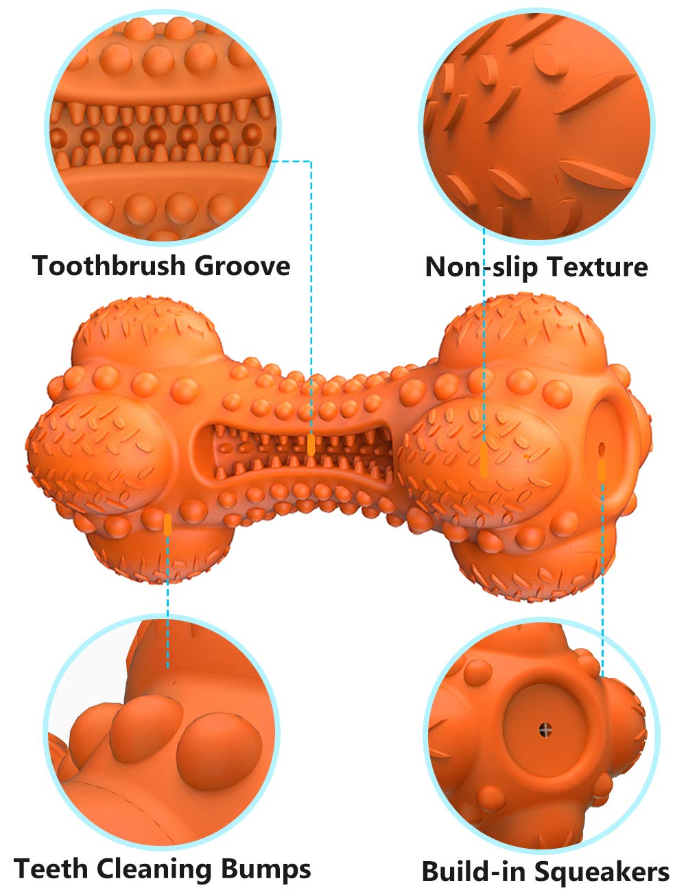 SCHITEC Squeaky Dog Chew Toy, Tough Durable Natural Rubber Bone with Toothbrush, Indestructible for Aggressive Chewers Large Med