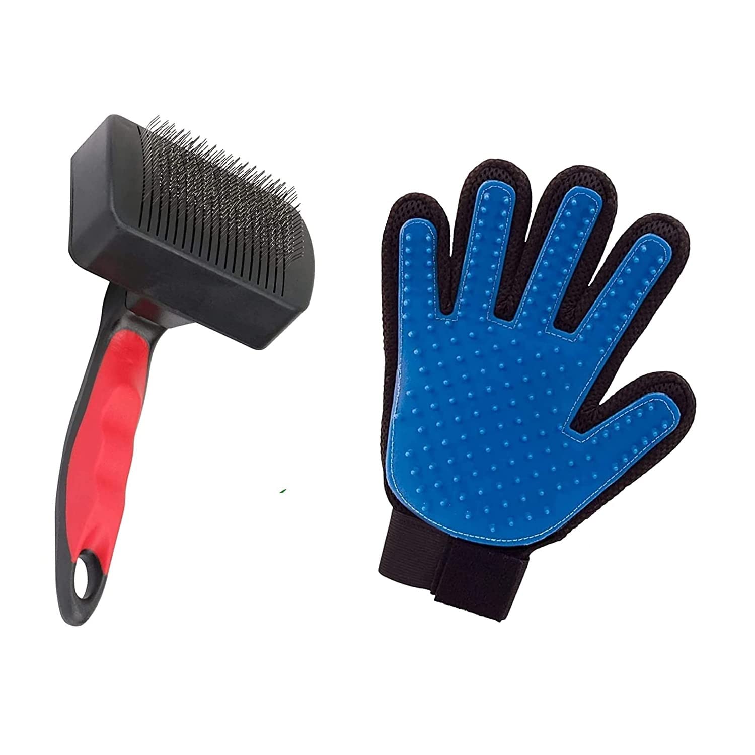 Rvpaws Grooming & De Shedding Combo Pack Of Plastic Slicker Brush And Flea Comb Hair Removal (Color May Vary) (True Touch Glove 