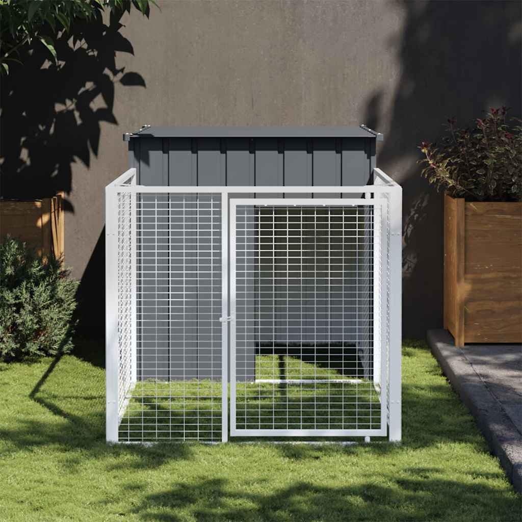 vidaXL - Dog House with Extended Run in Anthracite Color, Sturdy Galvanized Steel Construction, Ample Space, Mesh Design for Ventilation, Weather-Resistant Roof