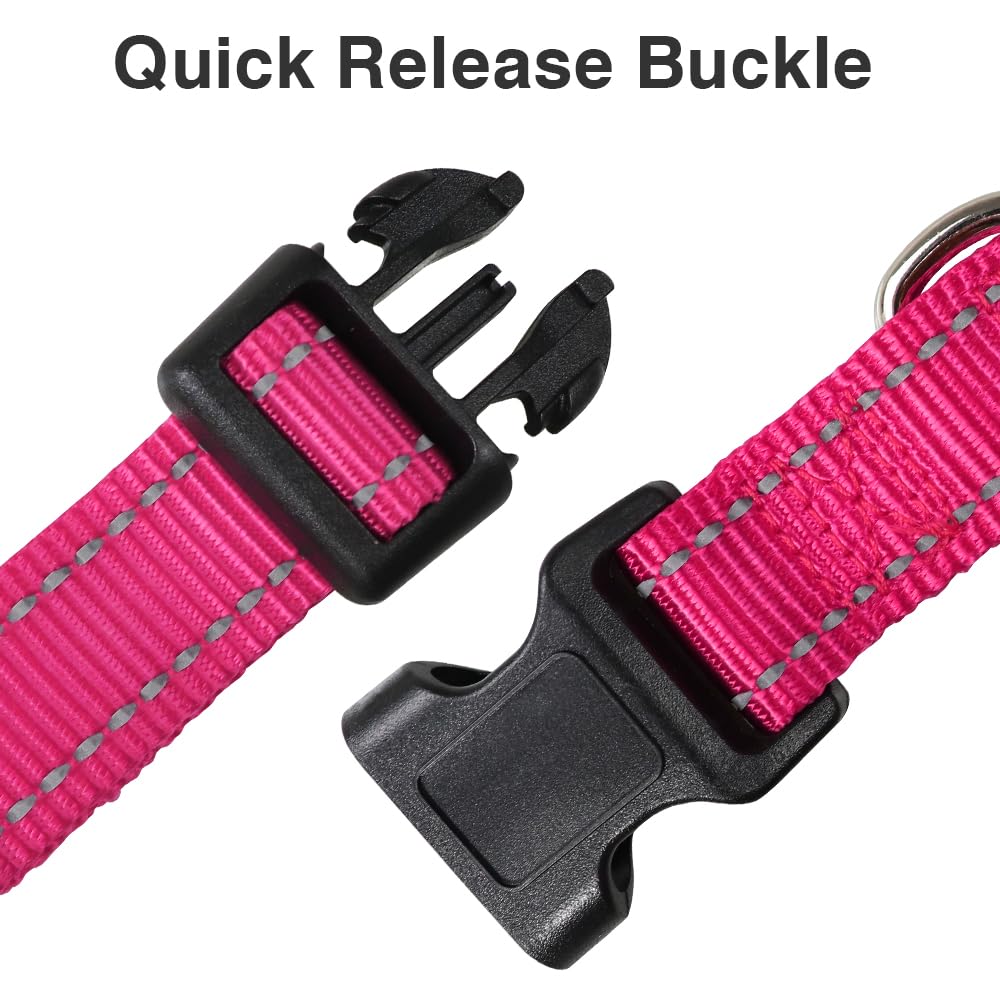 Taglory Reflective Adjustable Dog Collars For Puppy Small Medium Large Dogs, Thin Nylon Webbing And Quick Release Plastic Buckle(Hot Pink,Large)