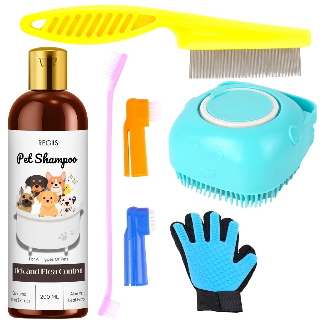 Regiis Pet Grooming Kit With Tick And Flea Control Shampoo, Blue Massage Brush, Deshedding Glove, Metal Comb, Pet Hair Removal T