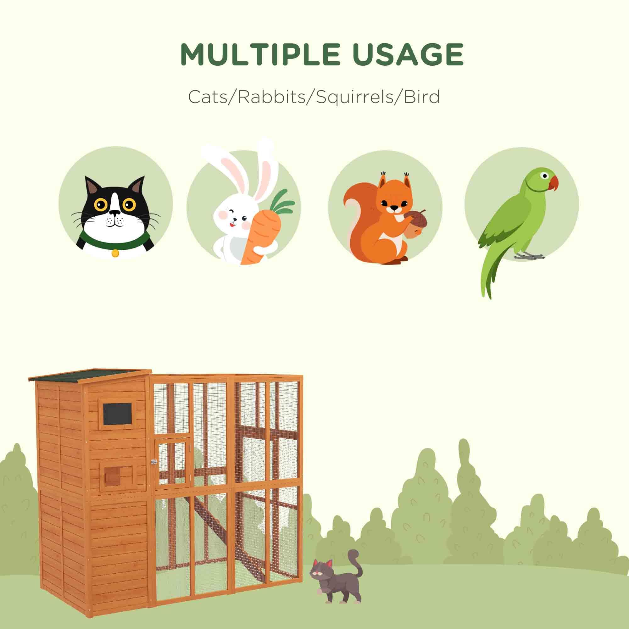 Pawhut Catio Outdoor Cat Enclosure, Wooden Cat Patio Cat Window Box With Platforms, Waterproof Asphalt Roof, Ramps, 77' L, Natural
