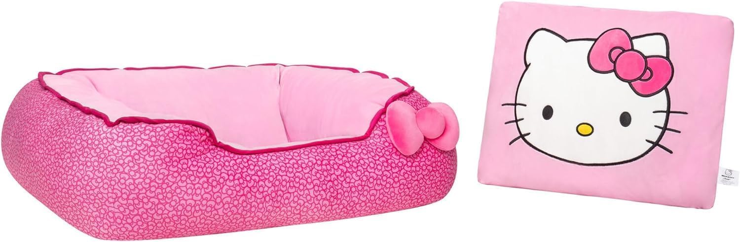 Hello Kitty And Friends Pink Bolster Pet Bed With Printed Design And Machine Washable Removable Insert - Size Large - Ultrasoft