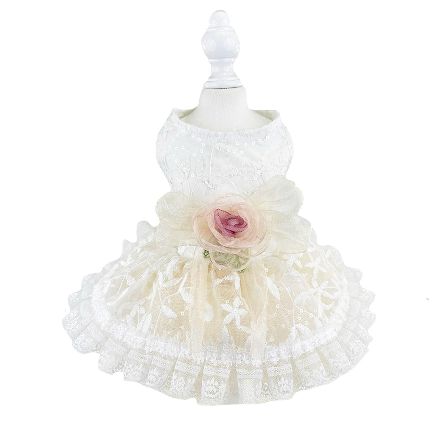 Fladorepet Luxury Rose Lace Dog Dress With Leash Ring,Pet Bride Costume Clothes For Small Dogs Girls,Formal Dog Wedding Party Dr
