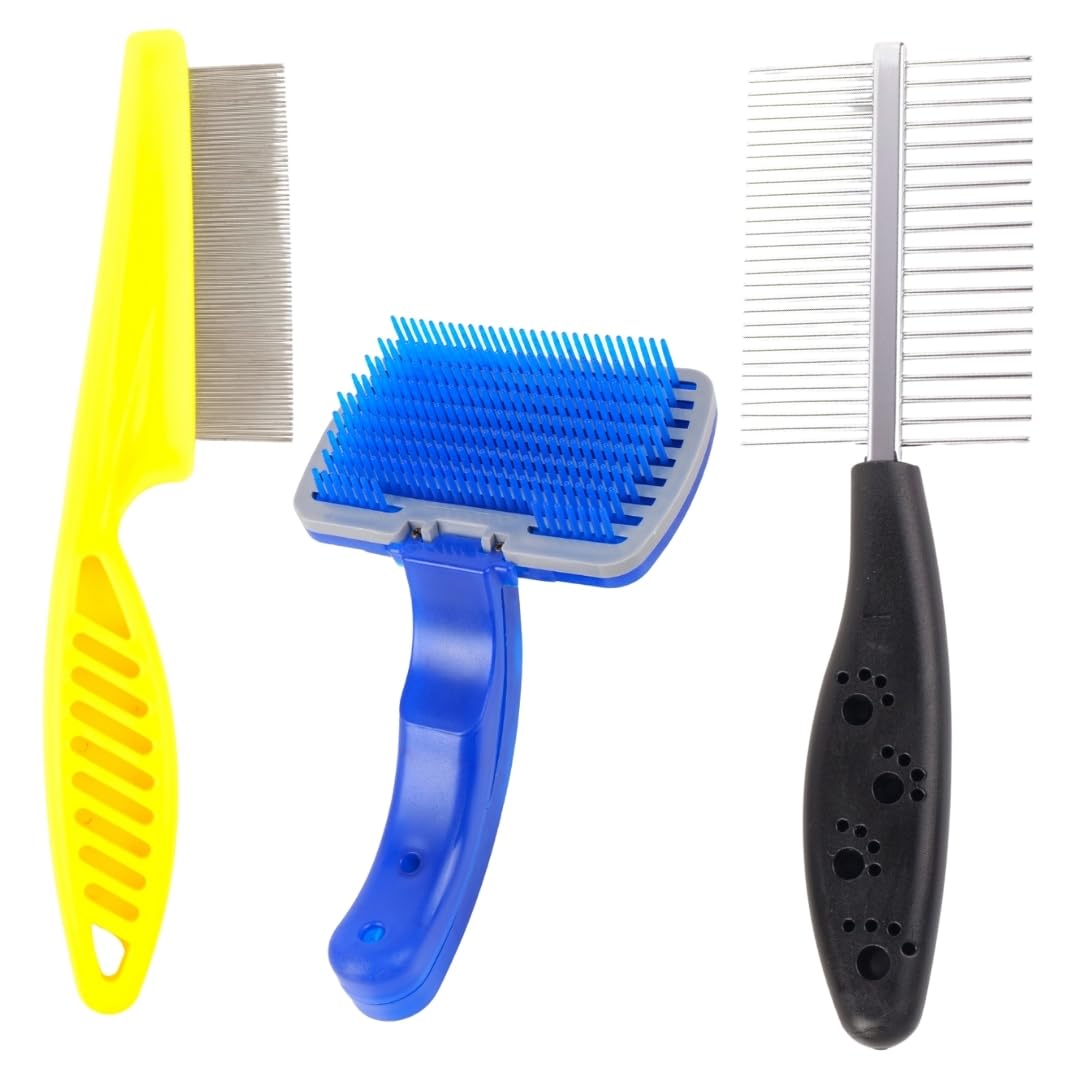 Professional Pet Grooming Brush Set, 3 Pack Metal Comb With Blue SelfCleaning Slicker, Yellow Deshedding Tool, Black Handle For