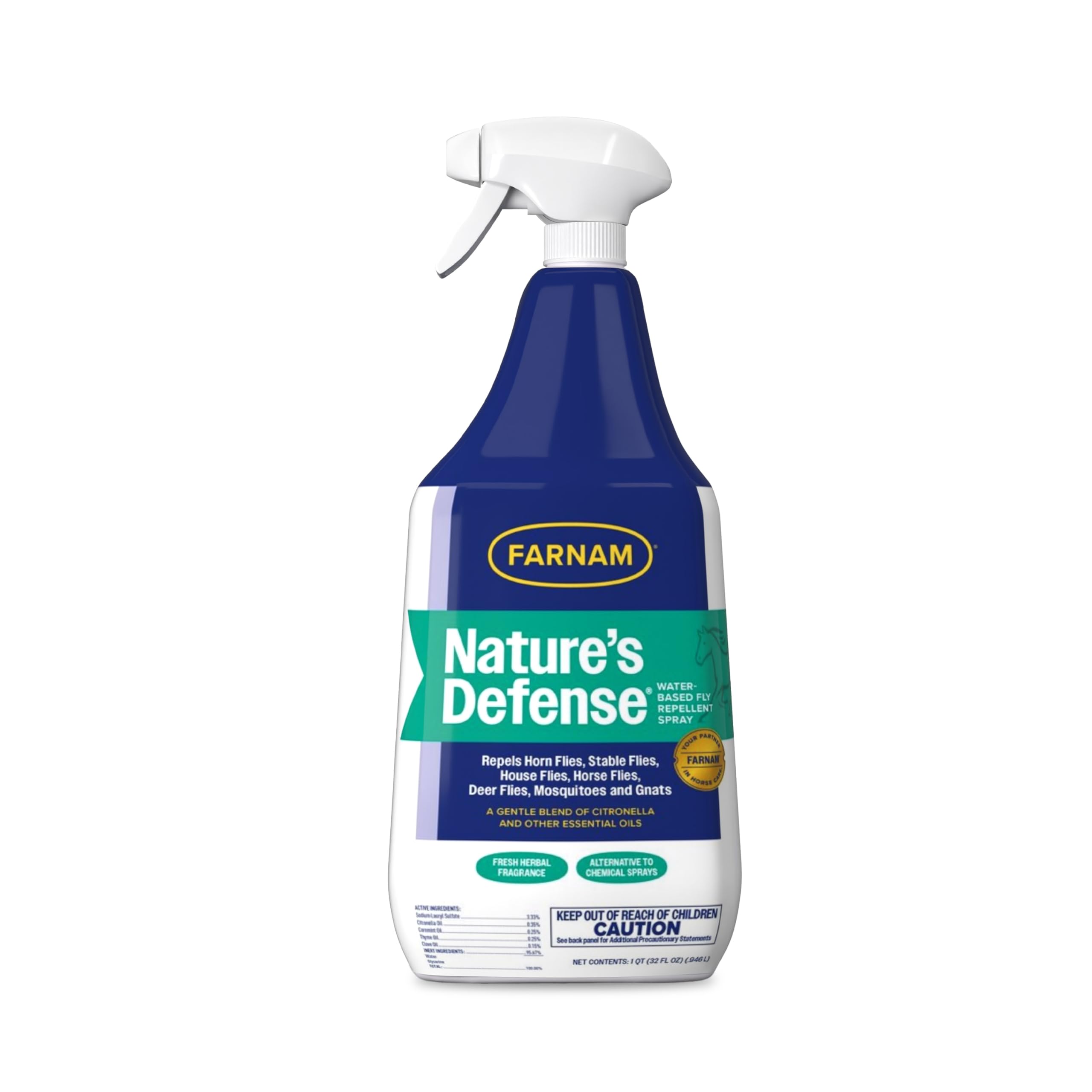 Farnam Natures Defense Water-Based Botanical Fly Repellent Spray for Horses, Ideal for Sensitive Skin, 32 oz