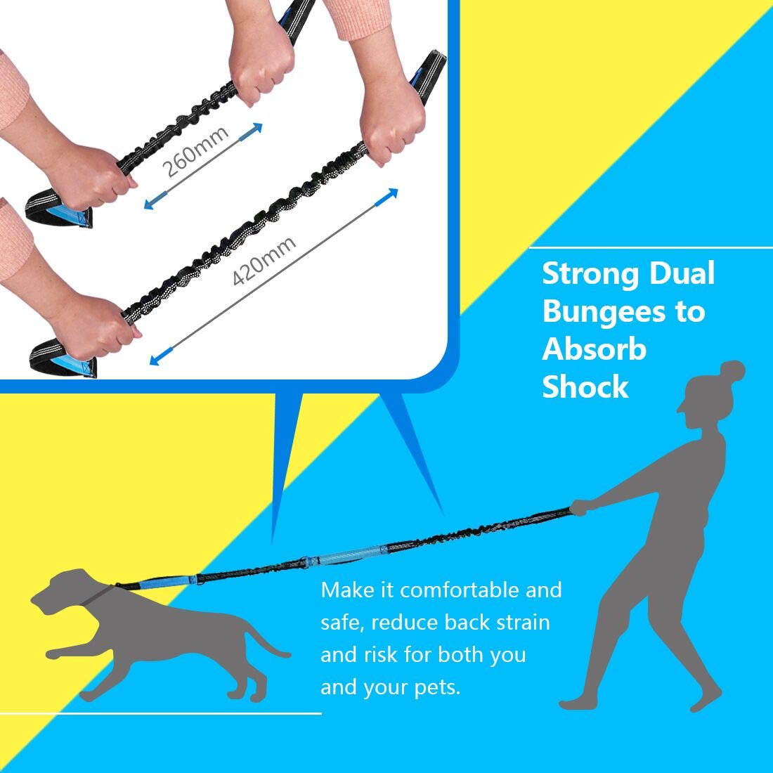 Uppetly Hands Free Dog Running Leash With Adjustable Waist Belt, Dual Handle Elastic Bungees Retractable Rope For Medium And Large Dogs, Reflective Stitches For Walking Hiking Biking