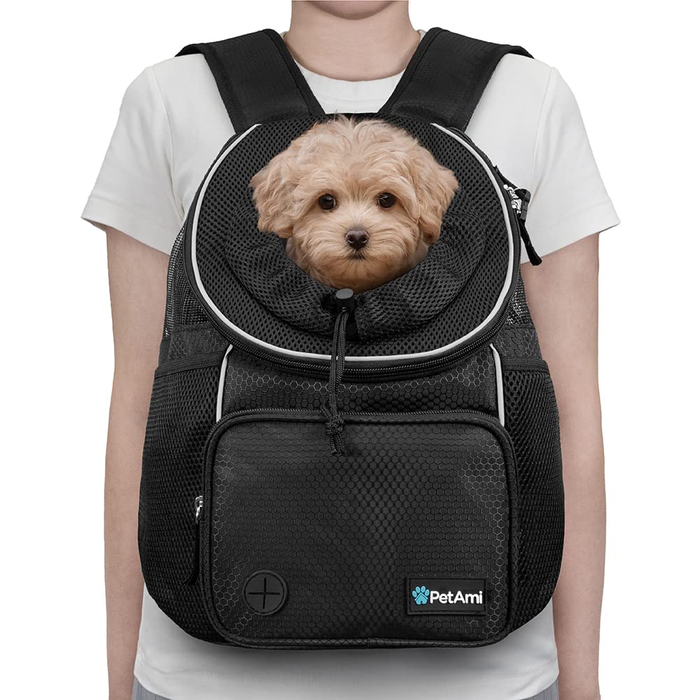 Petami Dog Front Carrier Backpack, Adjustable Dog Pet Cat Chest Carrier Backpack, Ventilated Dog Carrier For Hiking Camping Travel, Small Medium Dog Puppy Large Cat Carrying Bag, Max 15 Lbs, Black