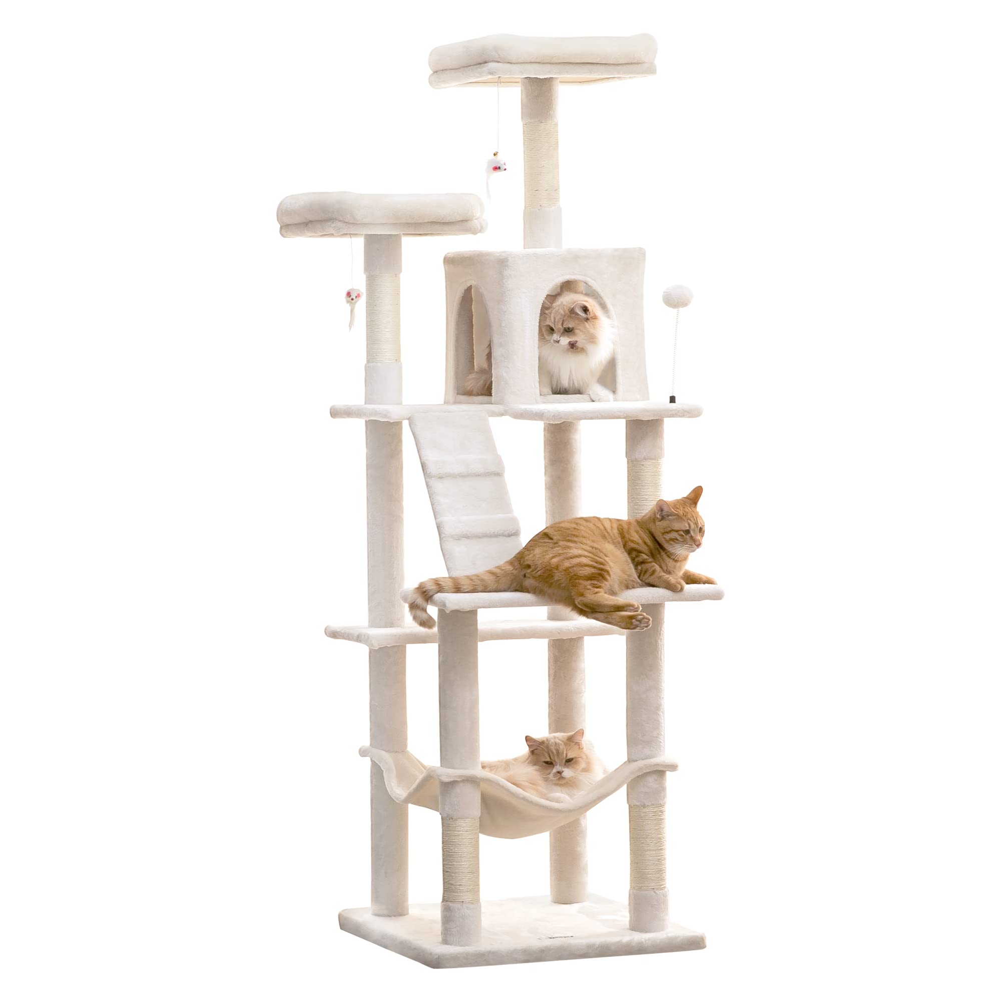 Mwpo 70.1-Inch Large Cat Tree, Multi-Level Tall Cat Tower For Indoor Cats, Plush Cat Condo With Big Padded Perches, Sisal-Covered Scratching Posts, Hammock, Toys For Kittens & Cats - Beige