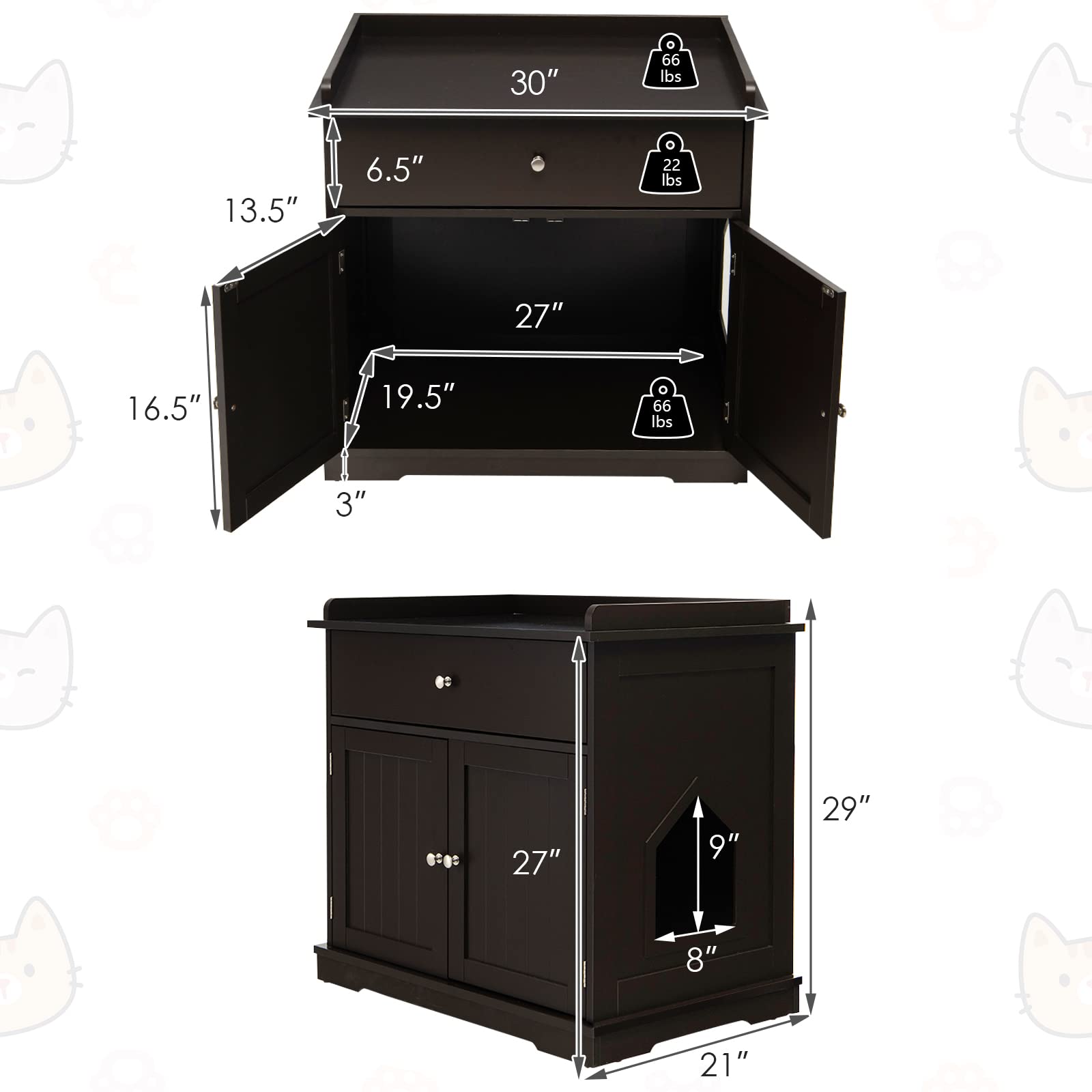 PETSITE Cat Litter Box Enclosure, Large Cat Washroom End Table with Drawer & 2 Doors, Wooden Cat House Storage Cabinet, Hidden L