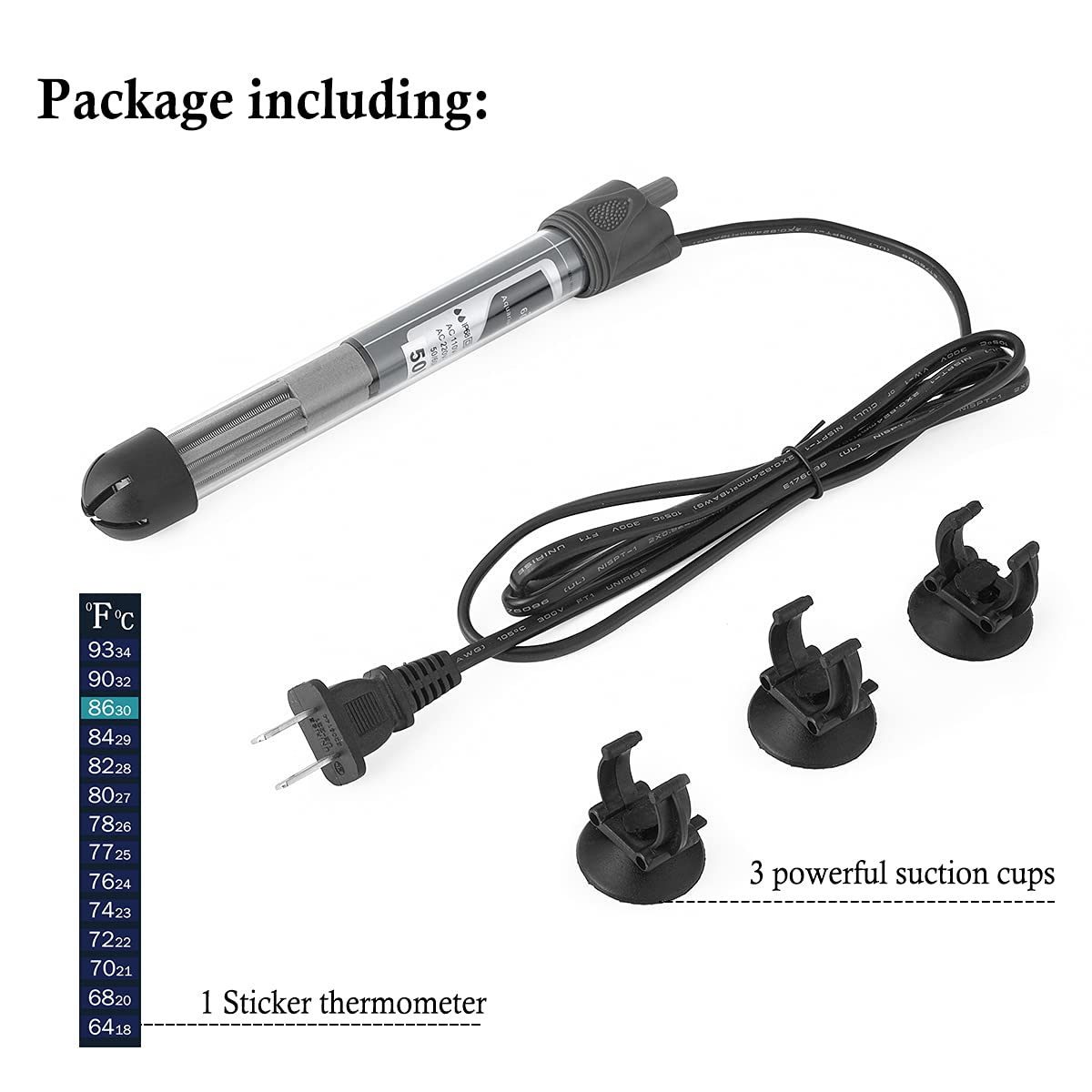 Hitop 25W 50W 100W 200W 300W Adjustable Aquarium Heater, Submersible Fish Tank Heater Thermostat With Suction Cup (50W)