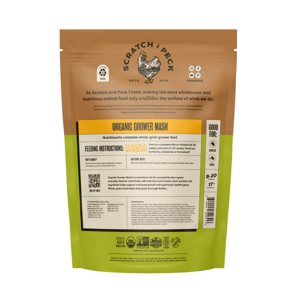 Scratch and Peck Whole Grain Grower Mash Chicken and Duck Feed - 10 lbs Bag - Corn-Free and Soy-Free - 17% Protein, Certified Or