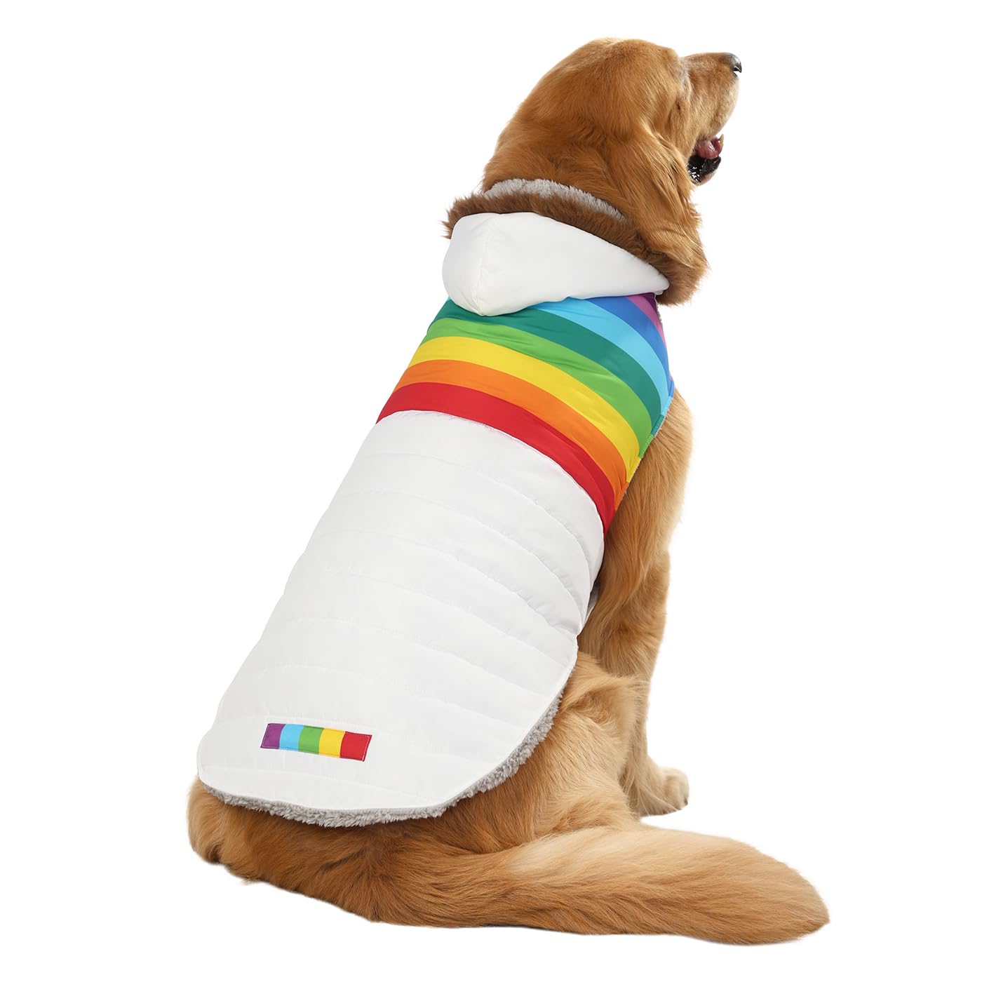 Hde Dog Puffer Jacket Fleece Lined Warm Dog Parka Winter Coat With Harness Hole White Rainbow Stripe - Xl