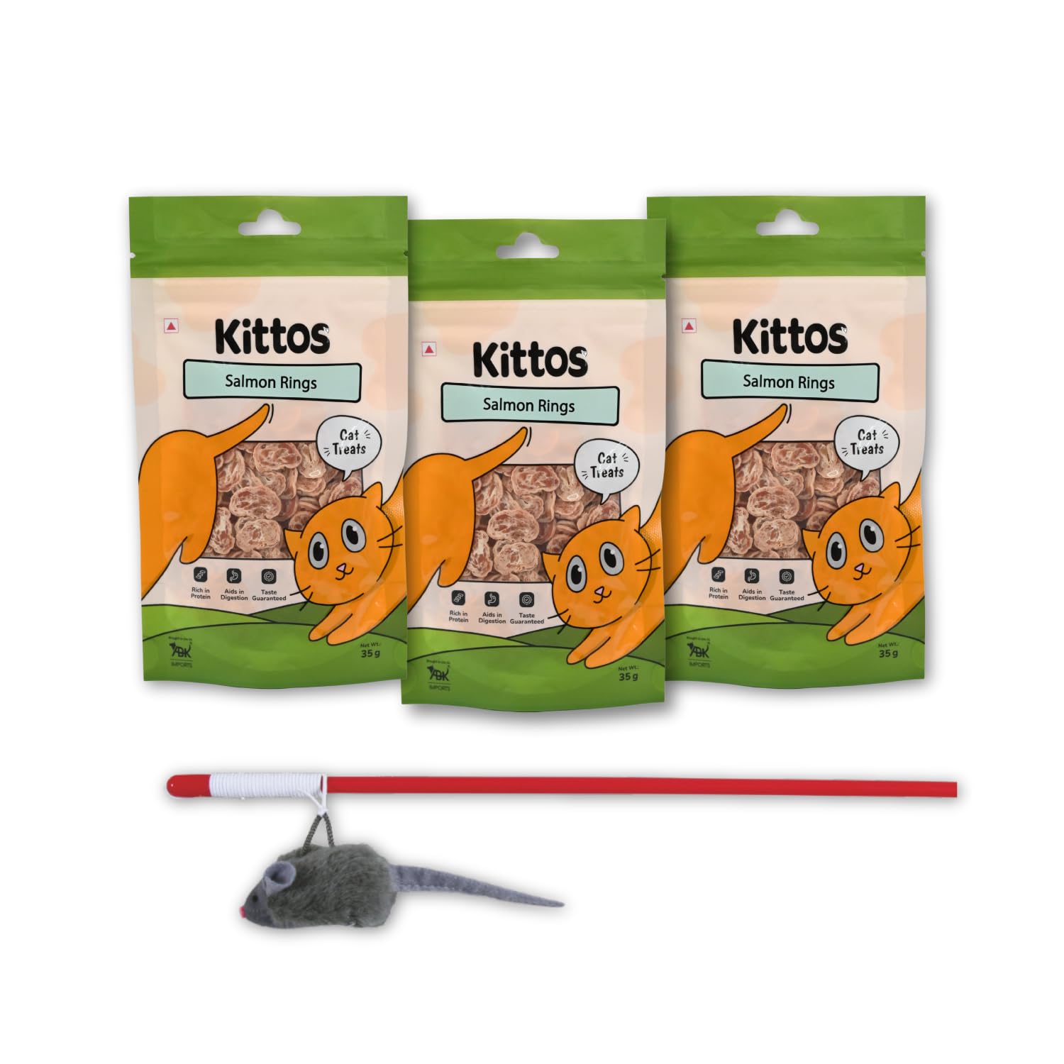 Combo Of Trixie Playing Rod With Squeaky Mouse Toy For Cats  47 Cm And 3 Pack Of Kittos Salmon Rings Cat Treats, 35 G