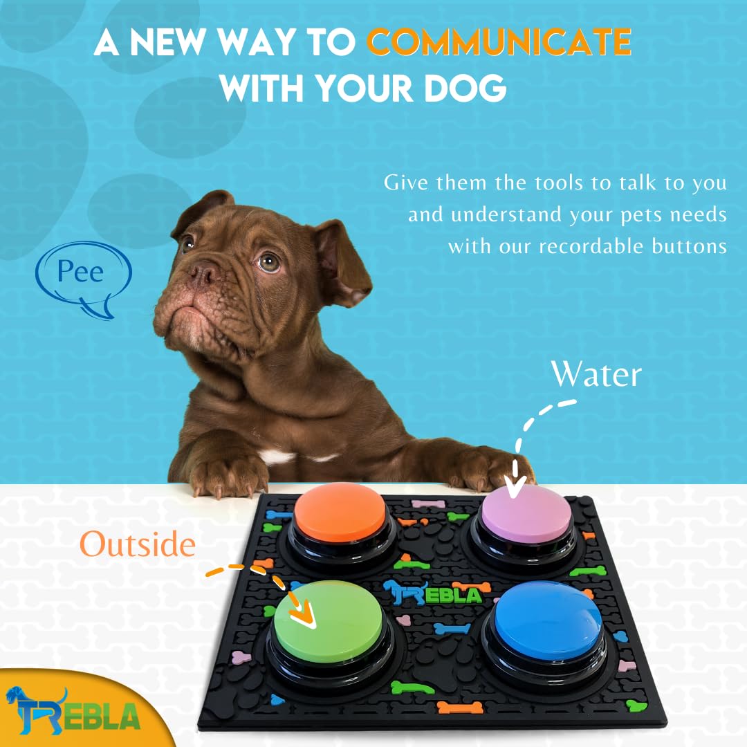 Trebla Magnetic Dog Talking Button Set–Dog Buttons For Communication | 4 Speaking Buttons, Rubber Mat, 15 Suggestion Stickers |Pet Talk Training Button |Voice Recording And Playback